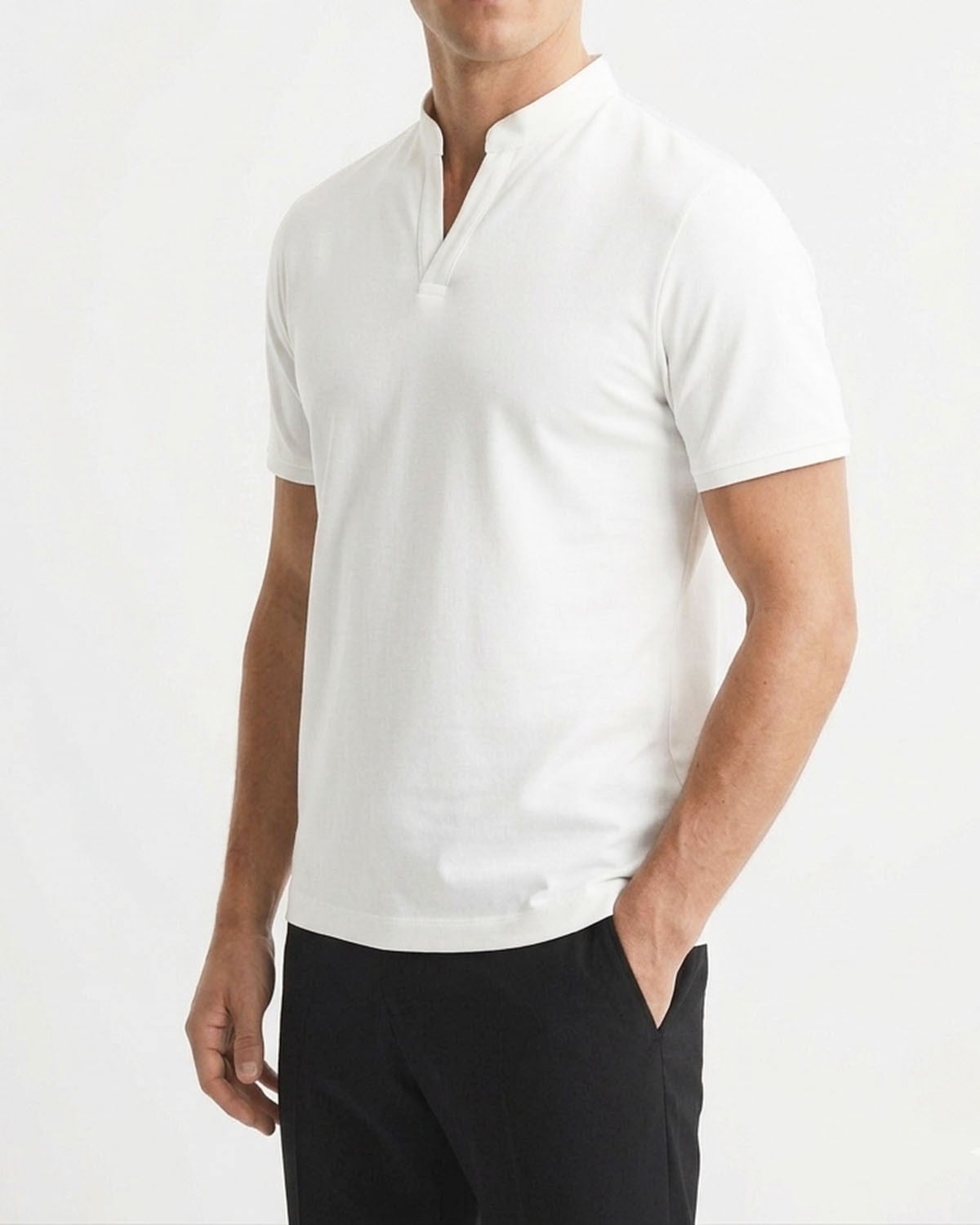 İtalyan stil slim fit erkek polo V yaka kısa kollu triko tişört beyaz T20045-07