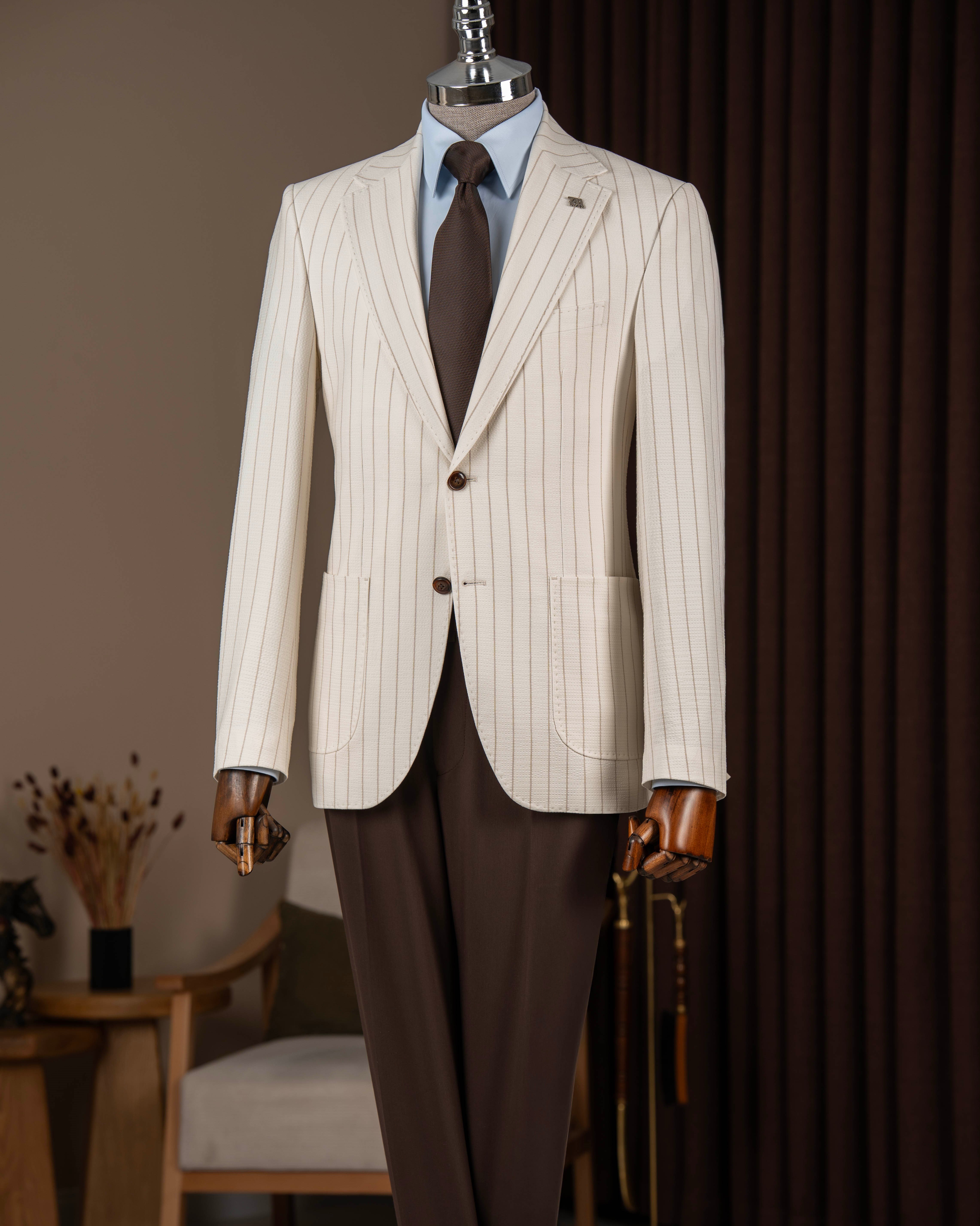 İtalyan stil slim fit erkek mono yaka çizgili torba cep ceket bej T20086-09