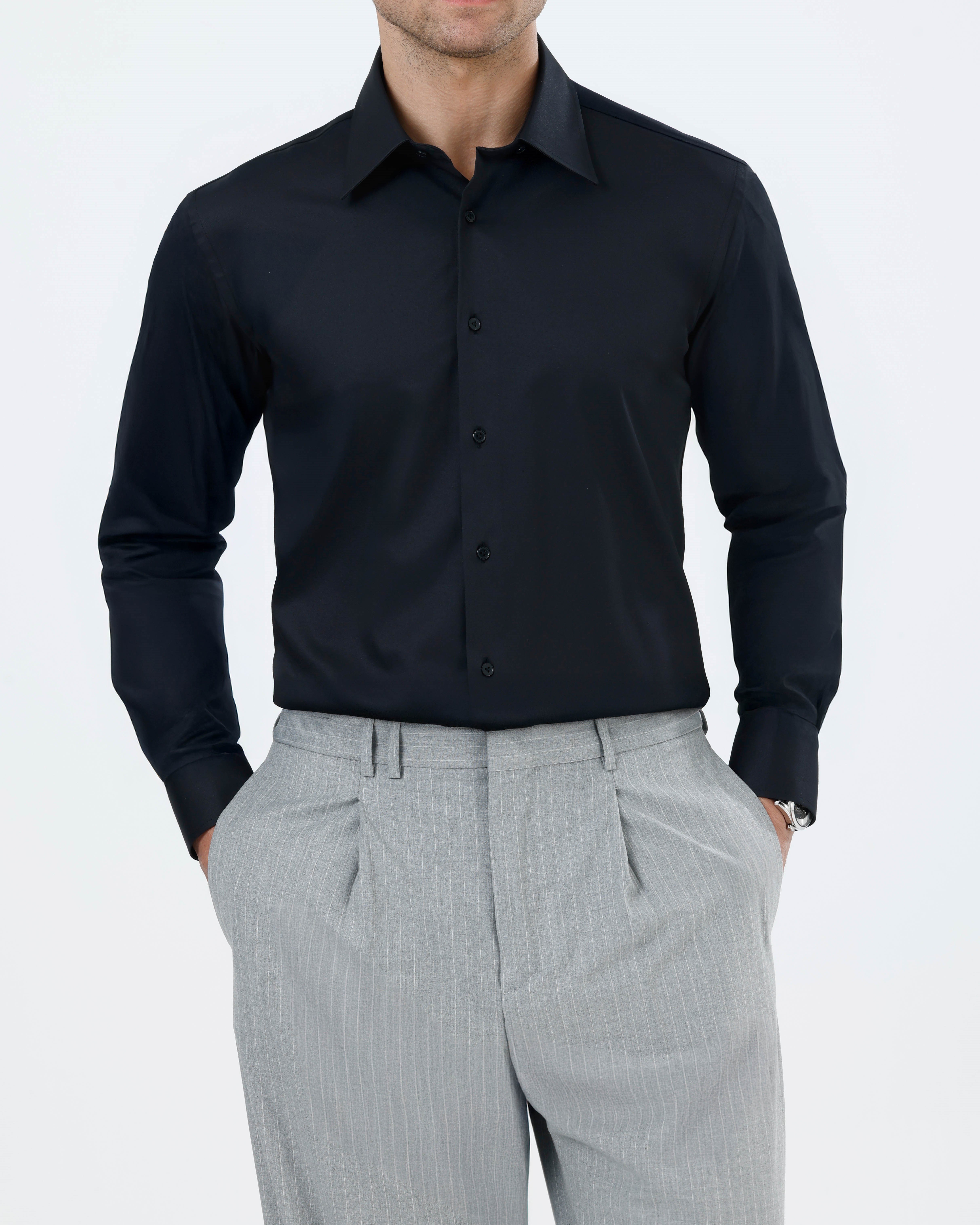 Drytech slim fit su itici leke tutmaz erkek gömlek siyah T14340