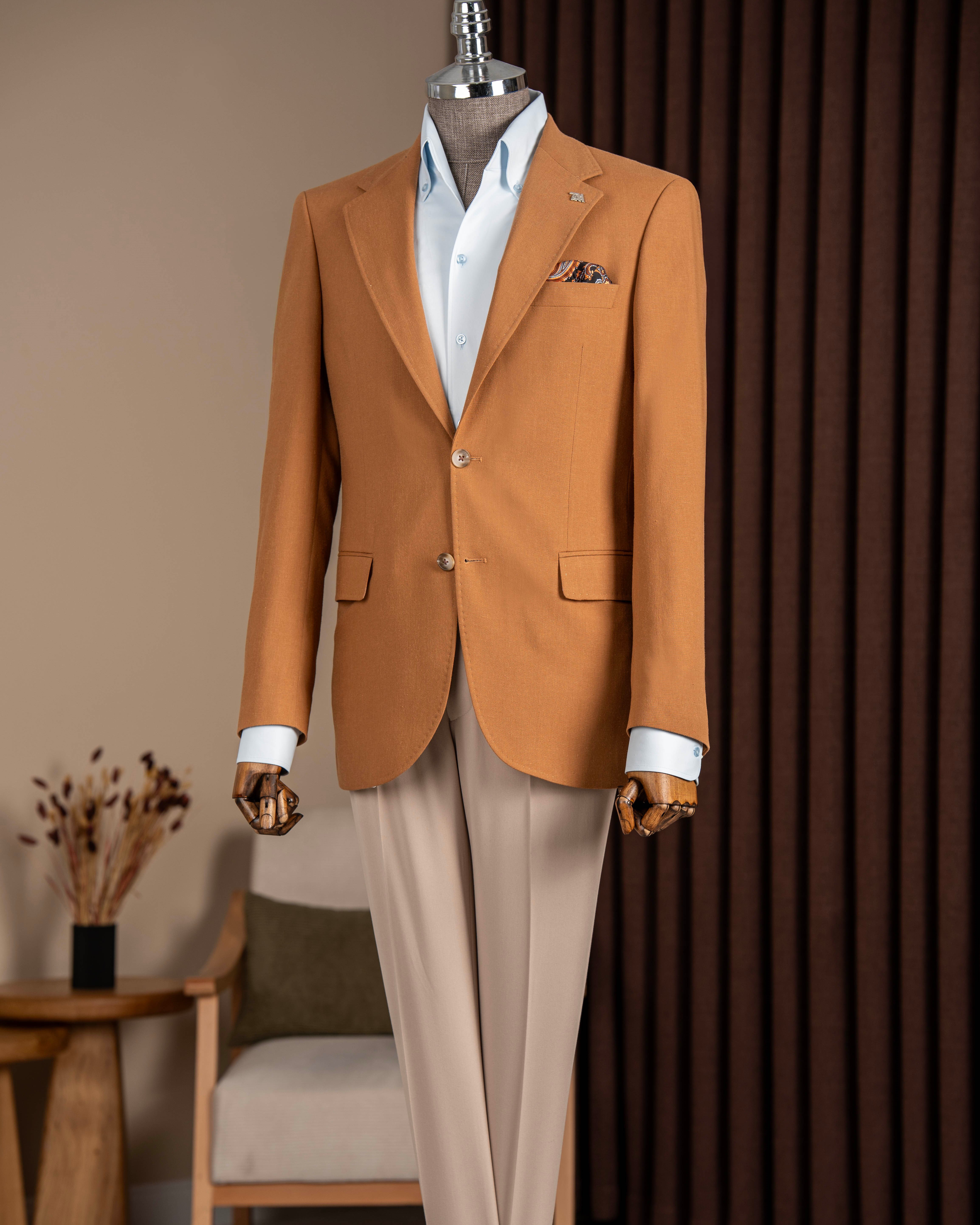 Slim fit erkek mono yaka blazer ceket camel T20145-11