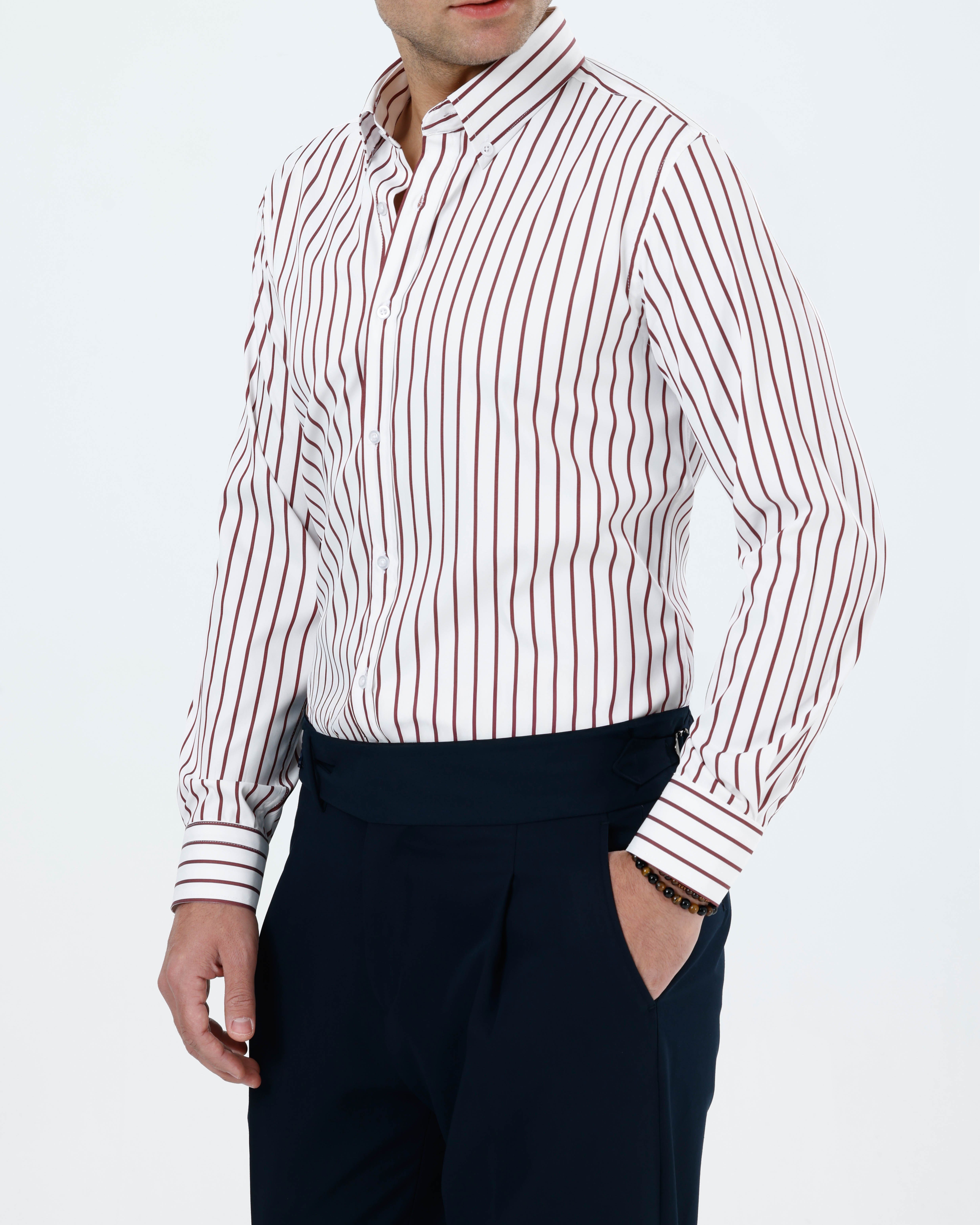 Slim fit erkek çizgili likralı kravat yaka gömlek bordo T20059-10