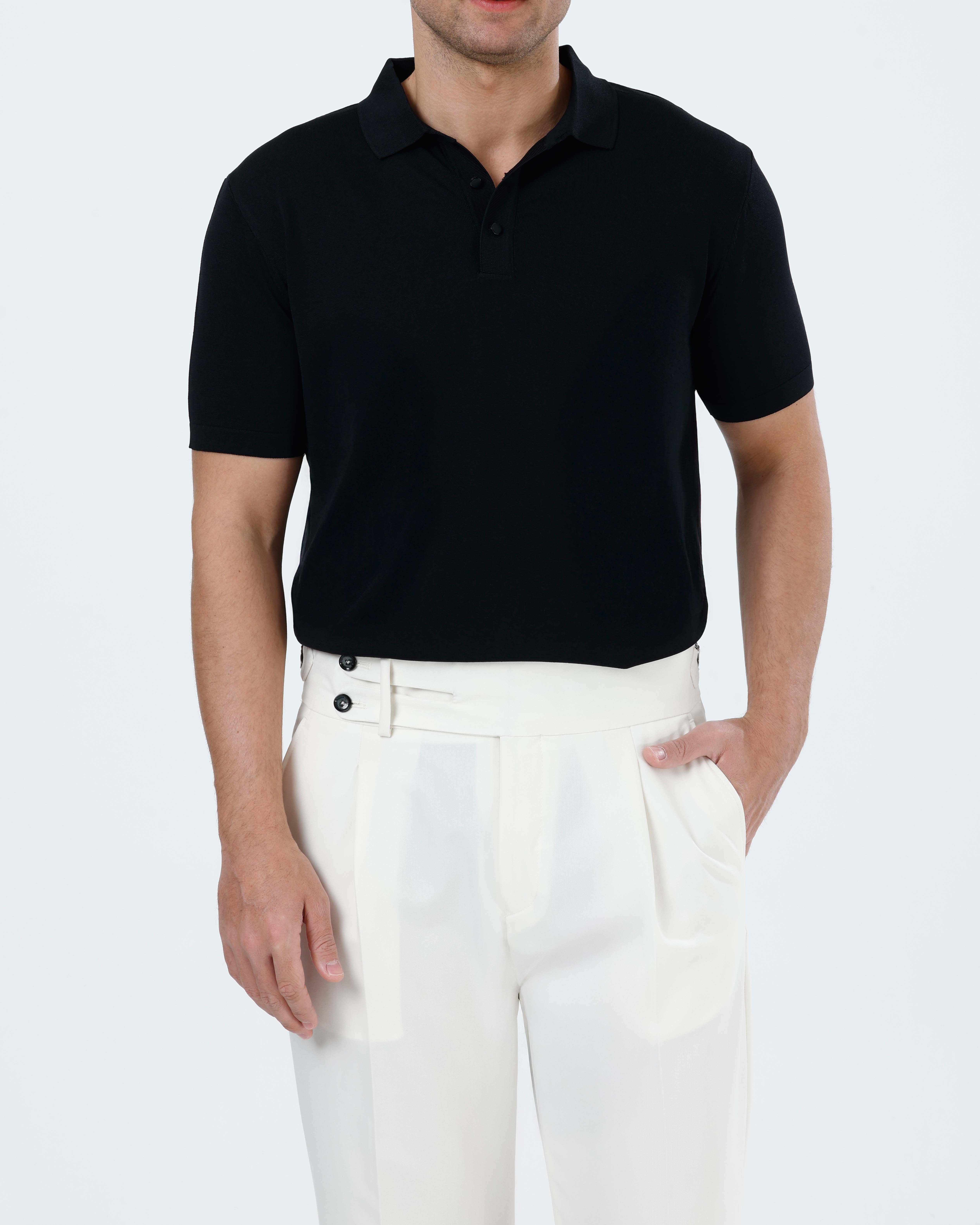 İtalyan stil slim fit erkek polo yaka kısa kollu triko tişört siyah T20029-01