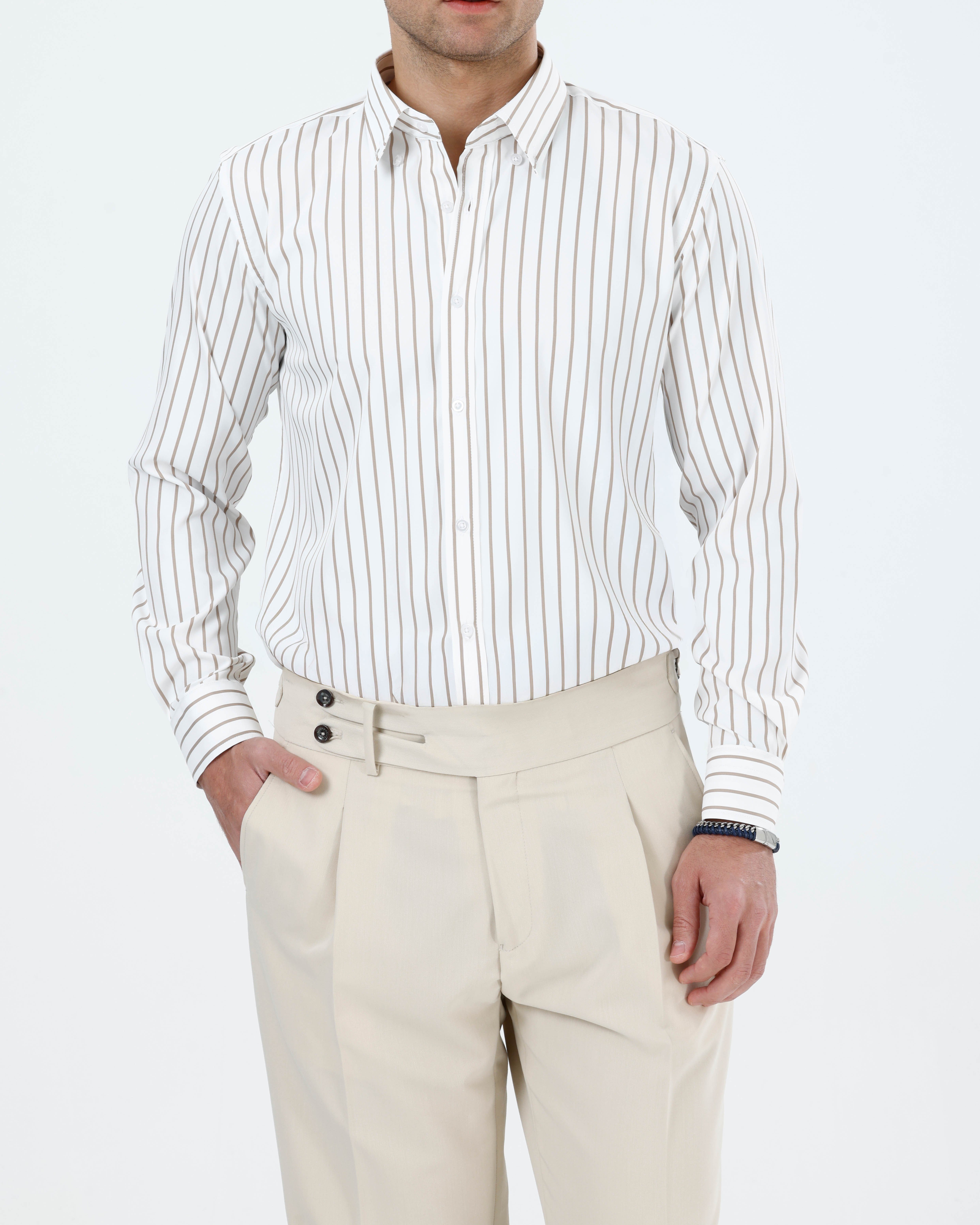 Slim fit erkek çizgili likralı kravat yaka gömlek bej T20059-09