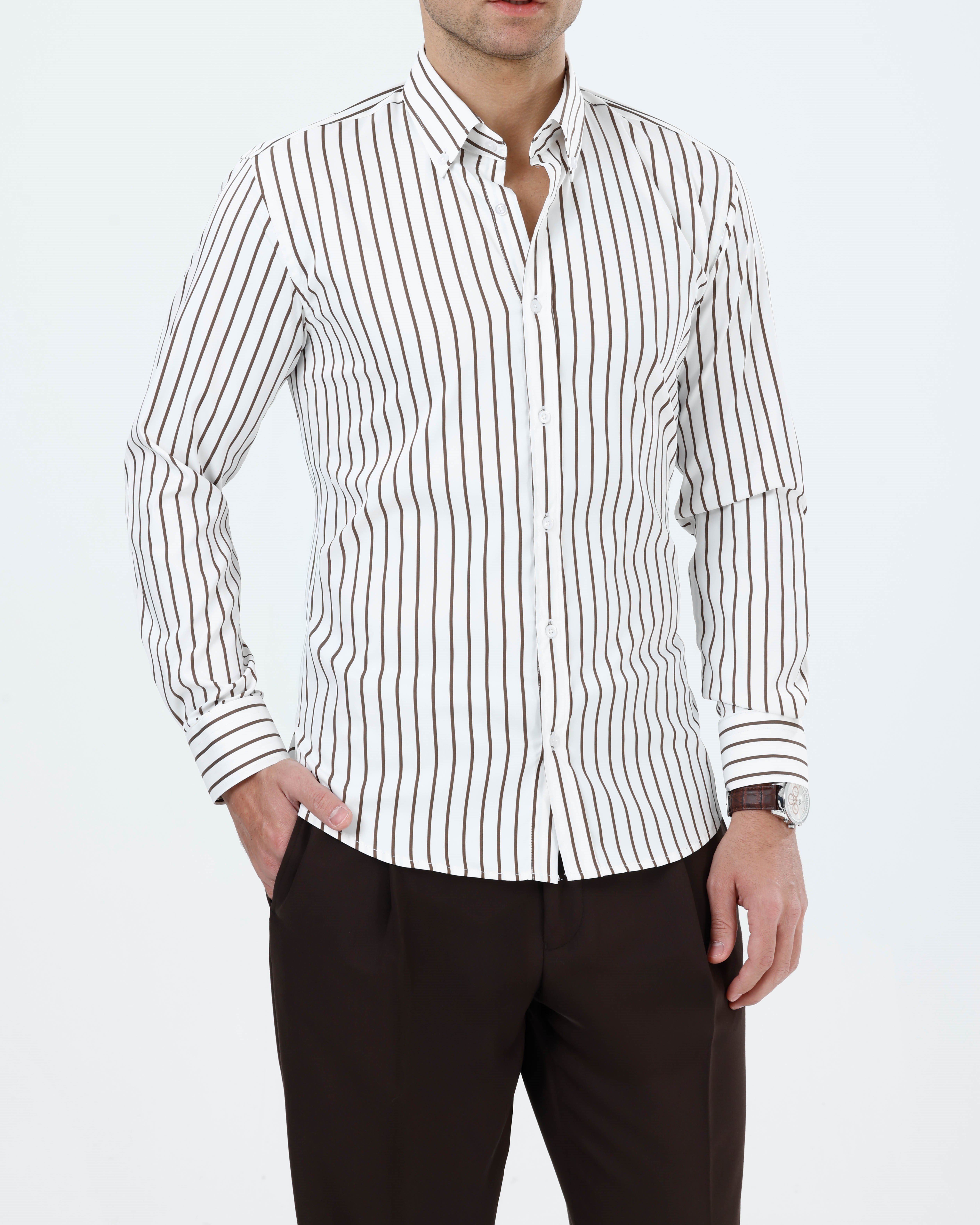 Slim fit erkek çizgili likralı kravat yaka gömlekk kahverengi T20059-03
