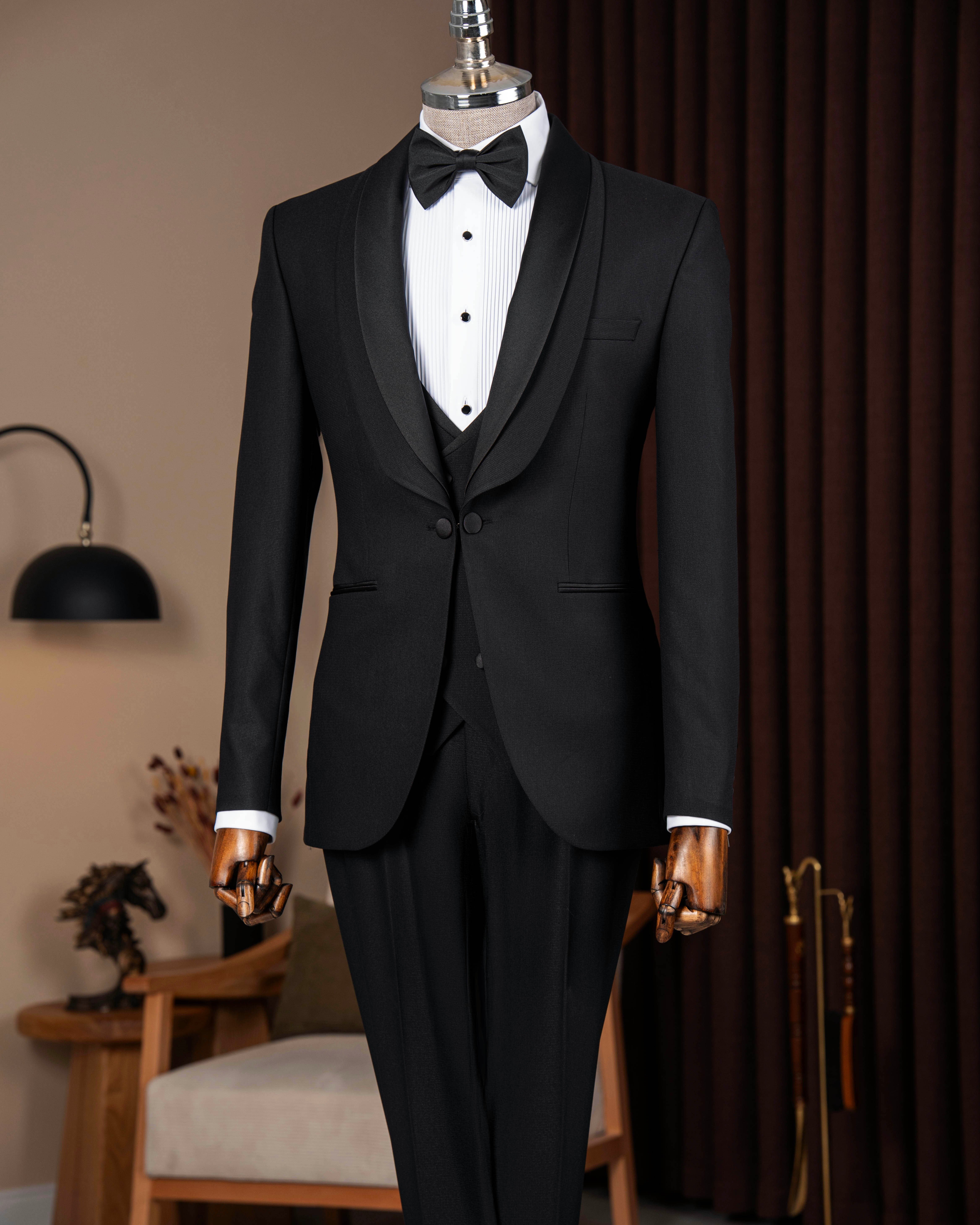İtalyan stil slim fit şal yaka ceket yelek pantolon damatlık set siyah T13692