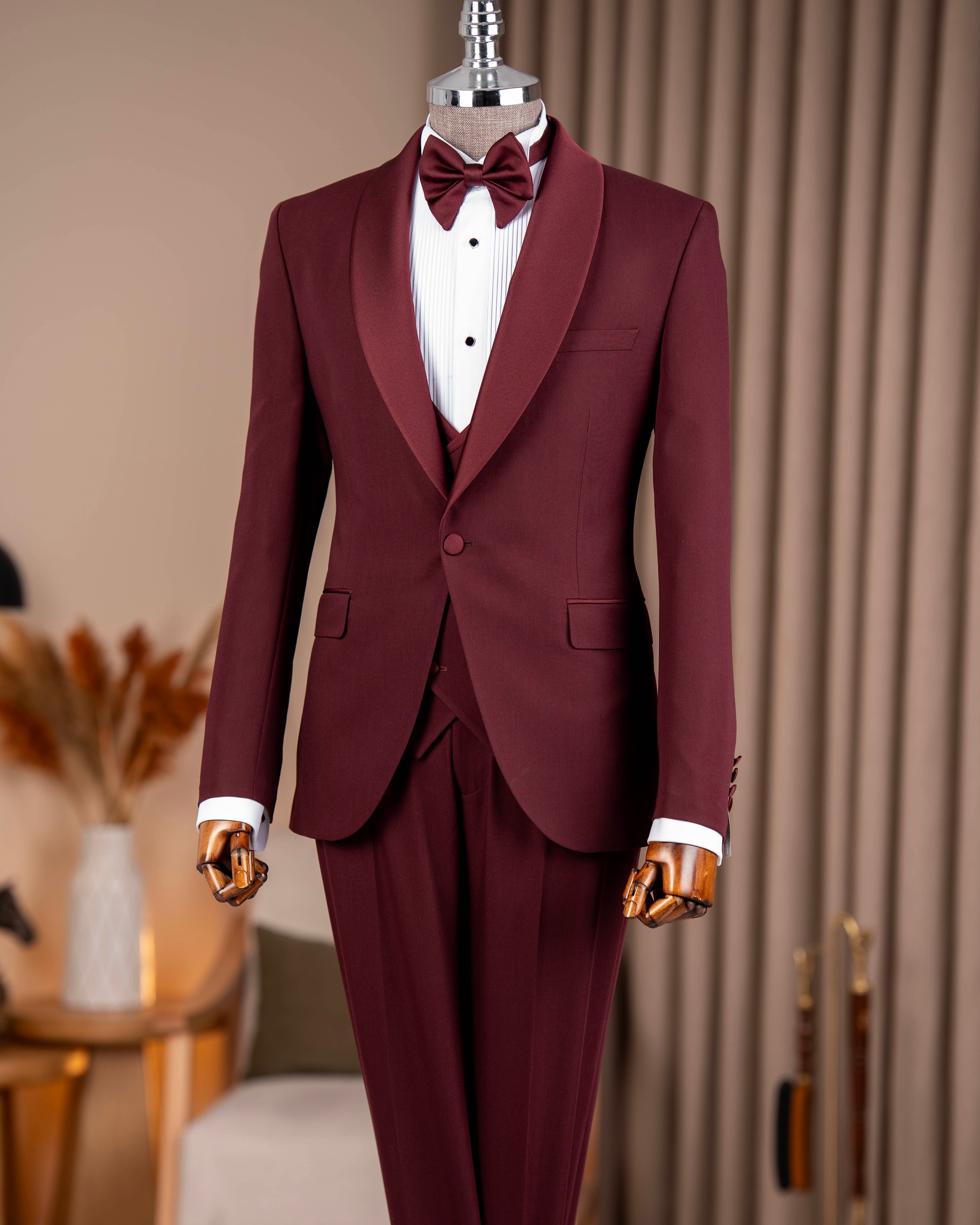 İtalyan stil slim fit erkek şal yaka ceket yelek pantolon damatlık set bordo T20067-10