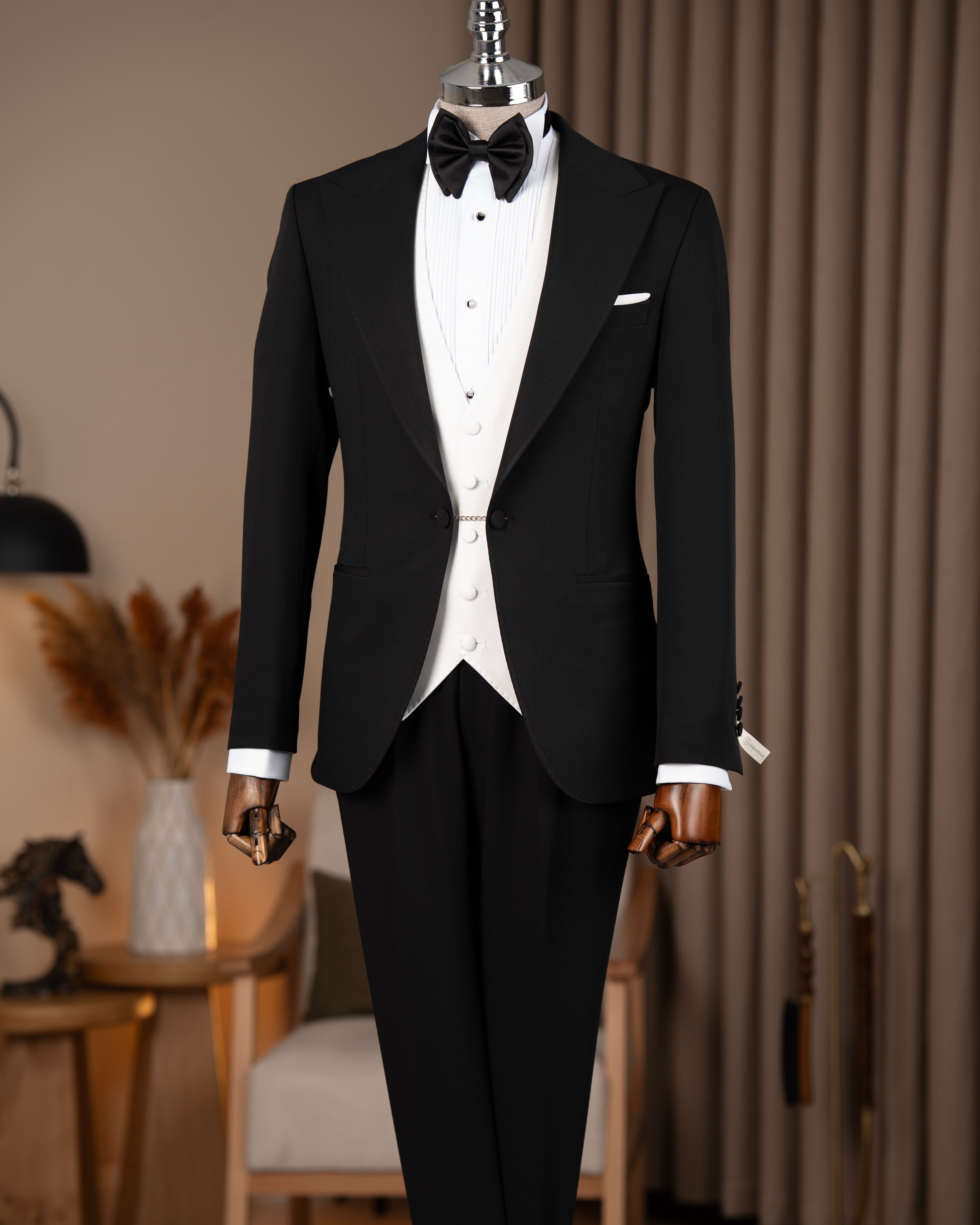 İtalyan stil slim fit erkek sivri yaka ceket yelek pantolon damatlık set siyah T20028-01