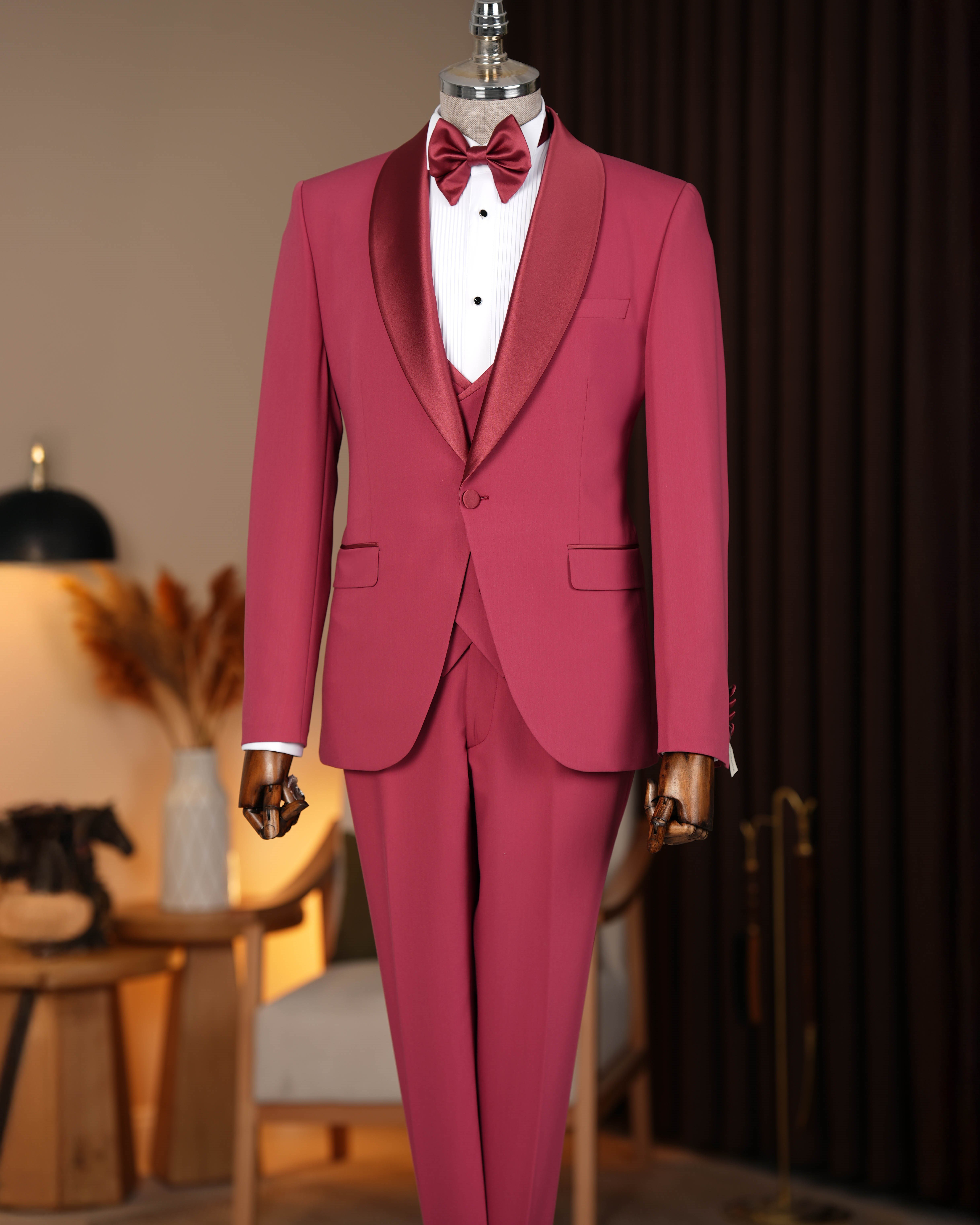 İtalyan stil slim fit erkek şal yaka ceket yelek pantolon damatlık set pembe T20067-20