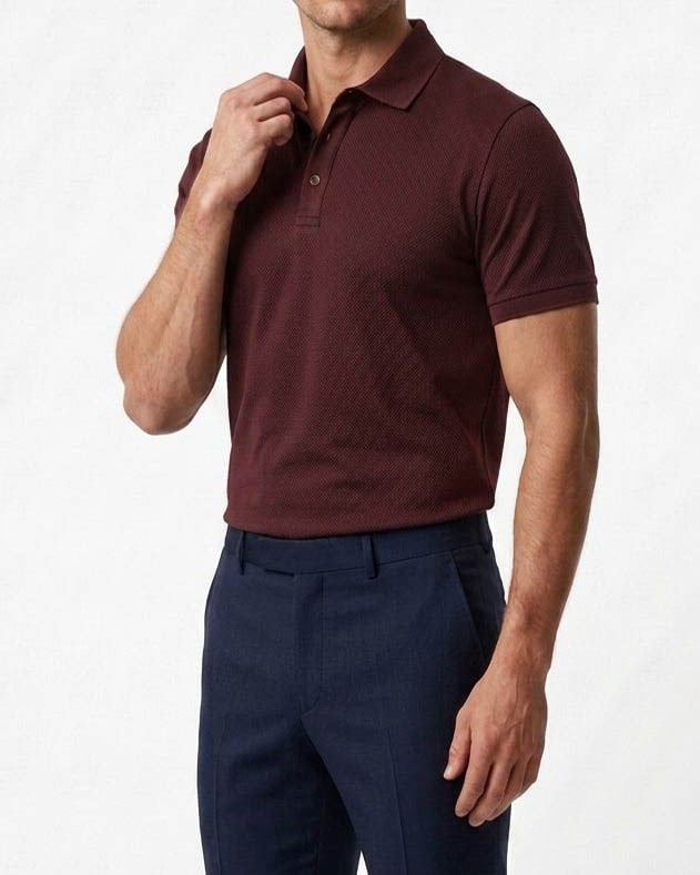 İtalyan stil slim fit erkek italyan yaka kısa kollu triko tişört bordo T20044-10