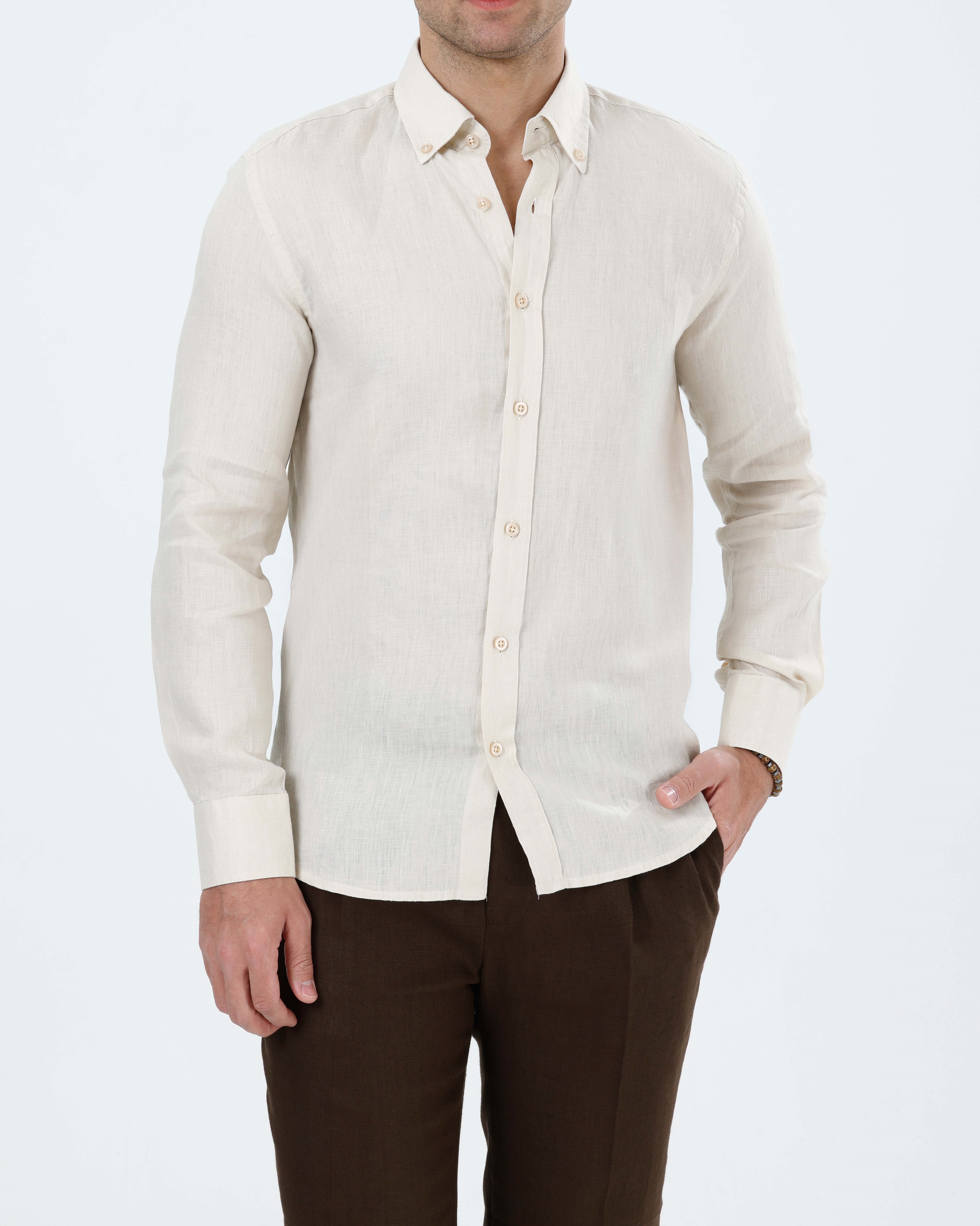 İtalyan stil slim fit erkek dik yaka keten gömlek bej T20057-09