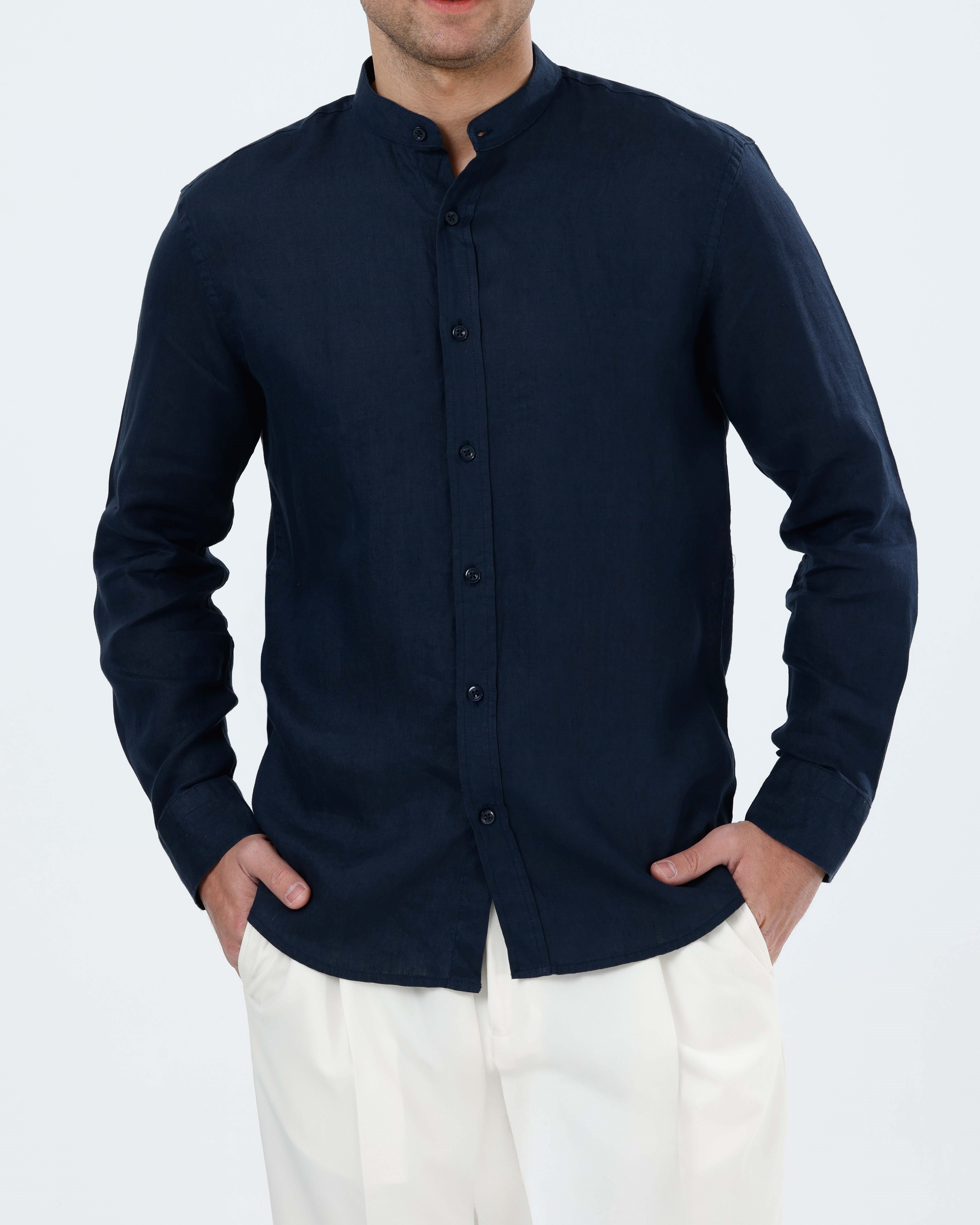 İtalyan stil slim fit erkek hakim yaka keten gömlek lacivert T20055-02