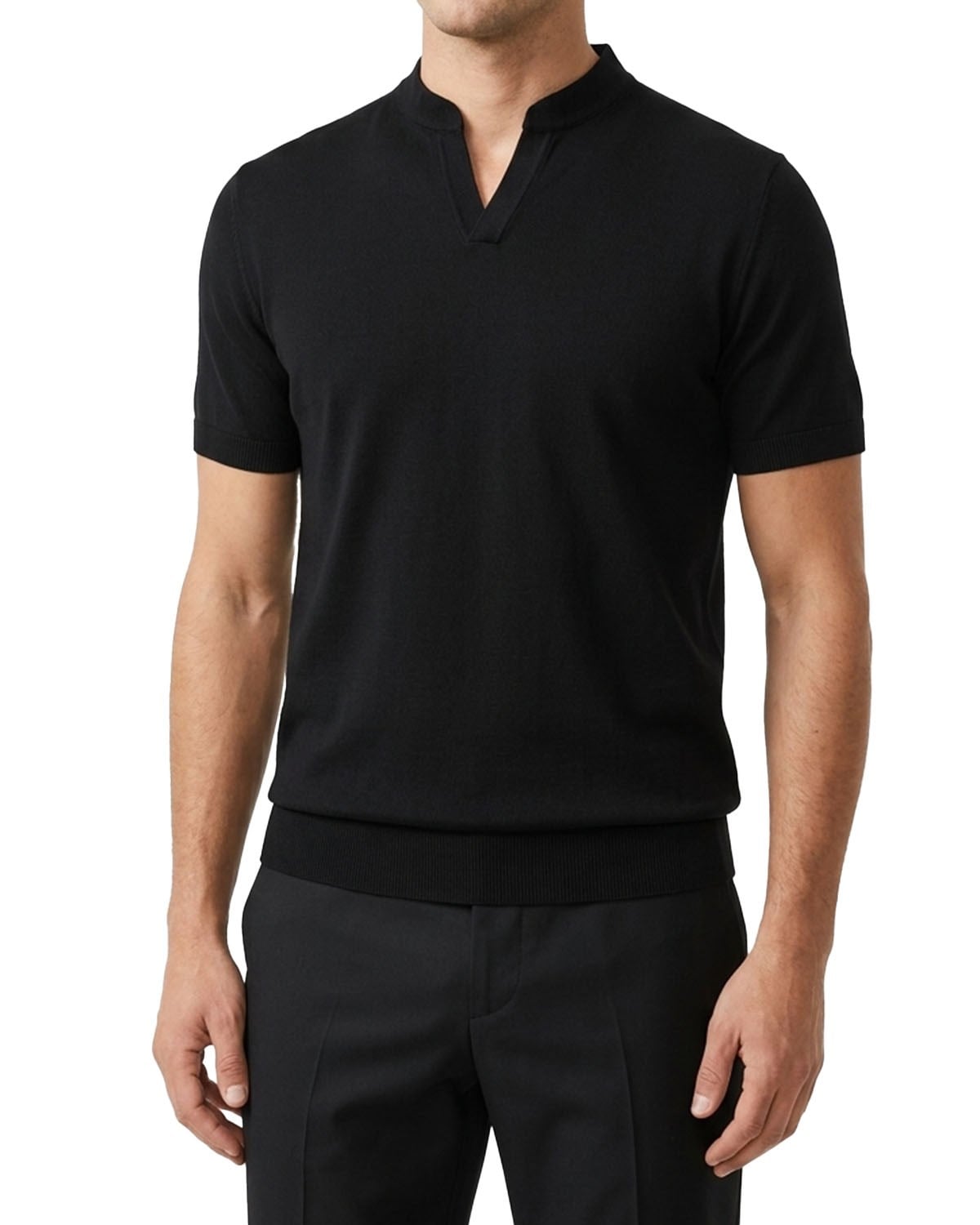 İtalyan stil slim fit erkek polo V yaka kısa kollu triko tişört siyah T20045-01