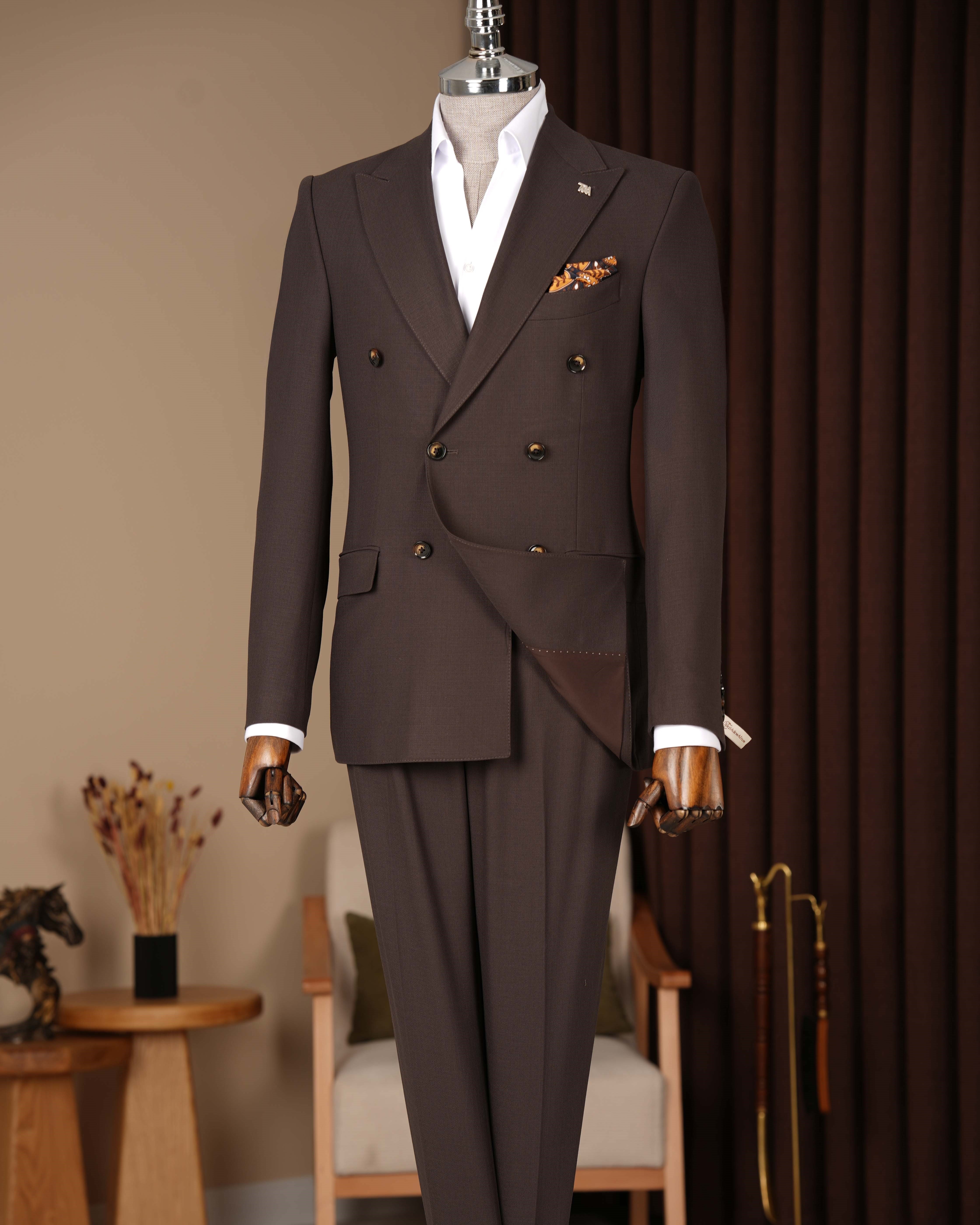 Slim fit erkek kruvaze sivri yaka ceket pantolon takım elbise kahverengi T20097-03