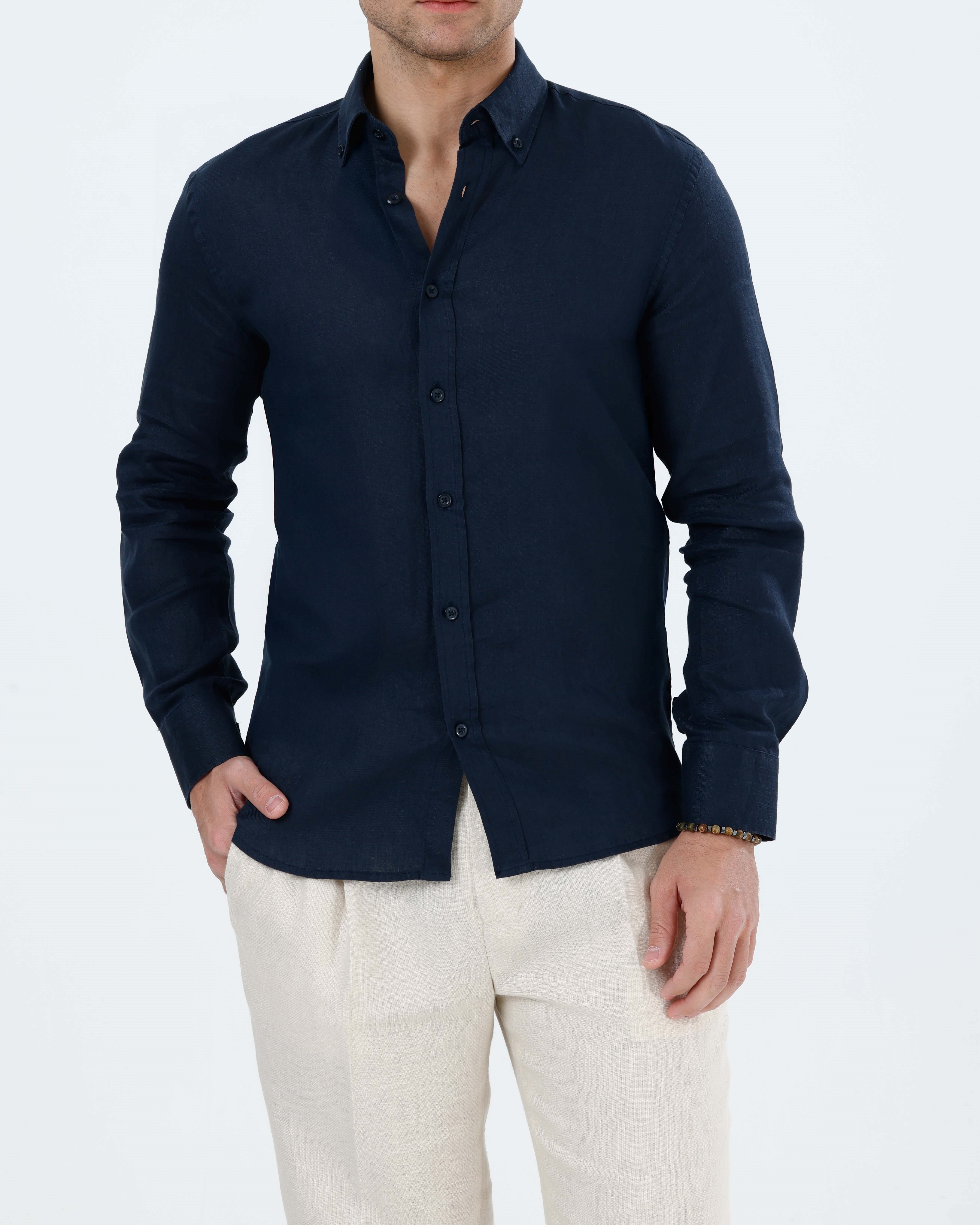 İtalyan stil slim fit erkek dik yaka keten gömlek lacivert T20057-02
