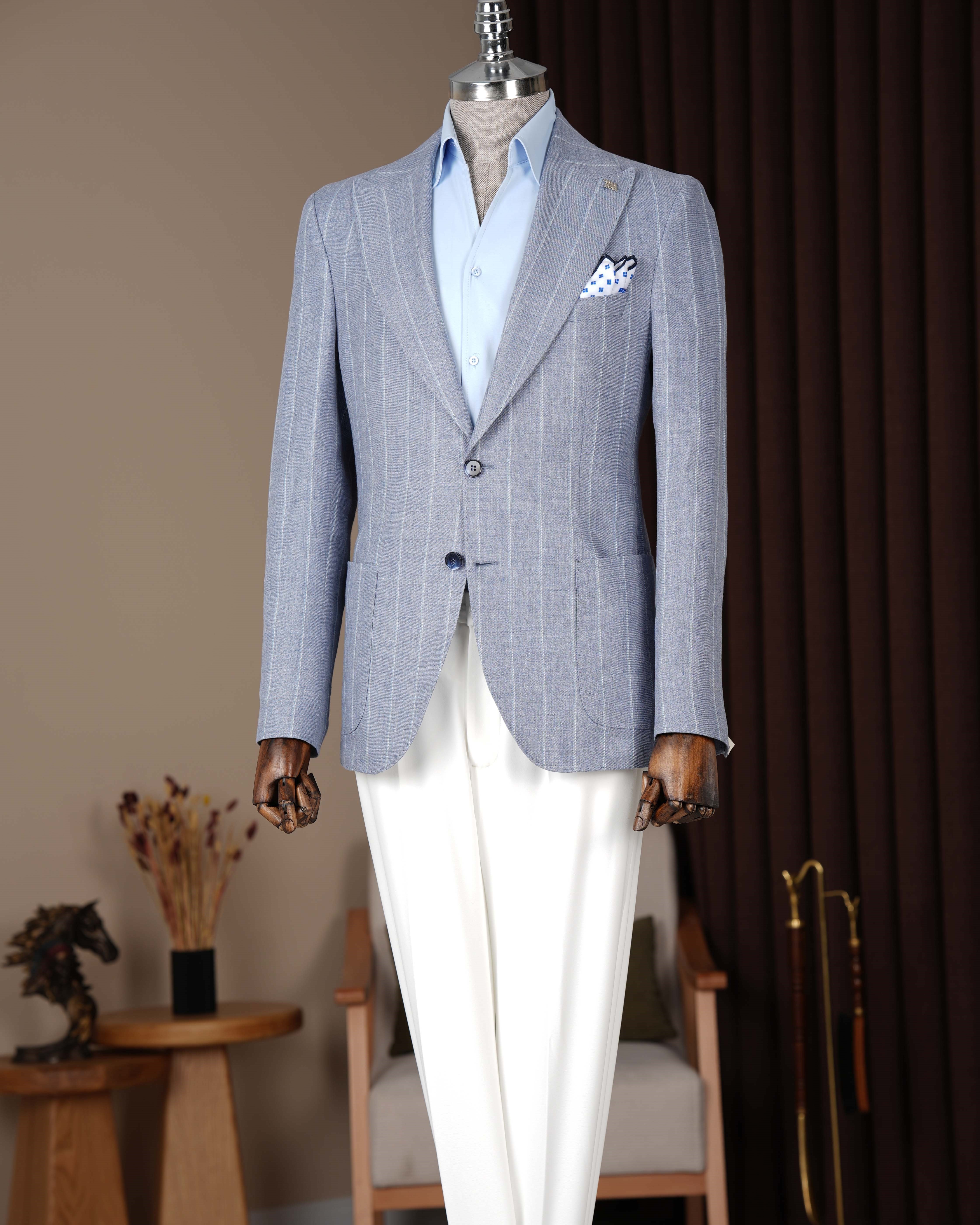 Slim fit torba cep sivri yaka keten ceket mavi T20104-19