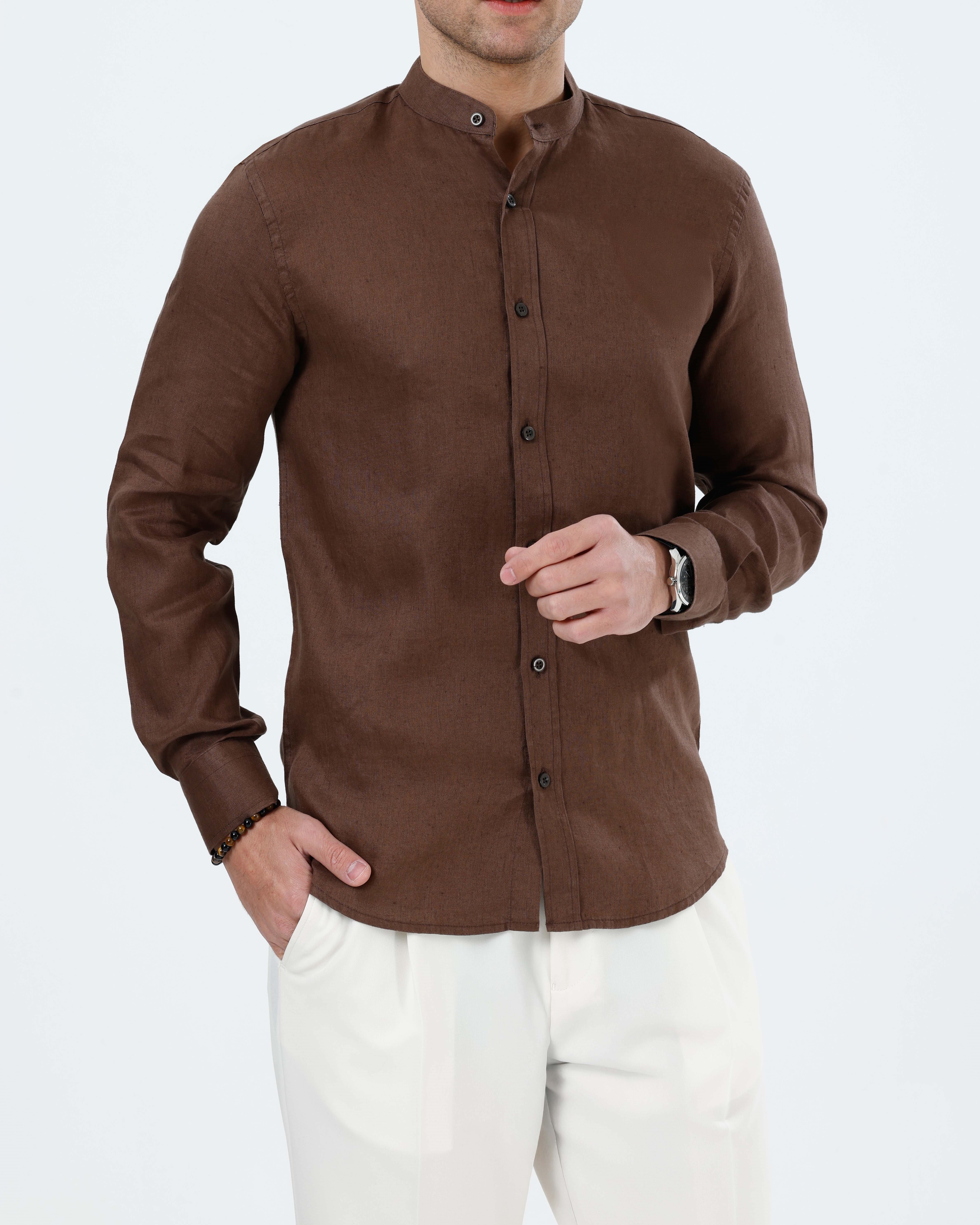İtalyan stil slim fit erkek hakim yaka keten gömlek kahvrerengi T20055-03