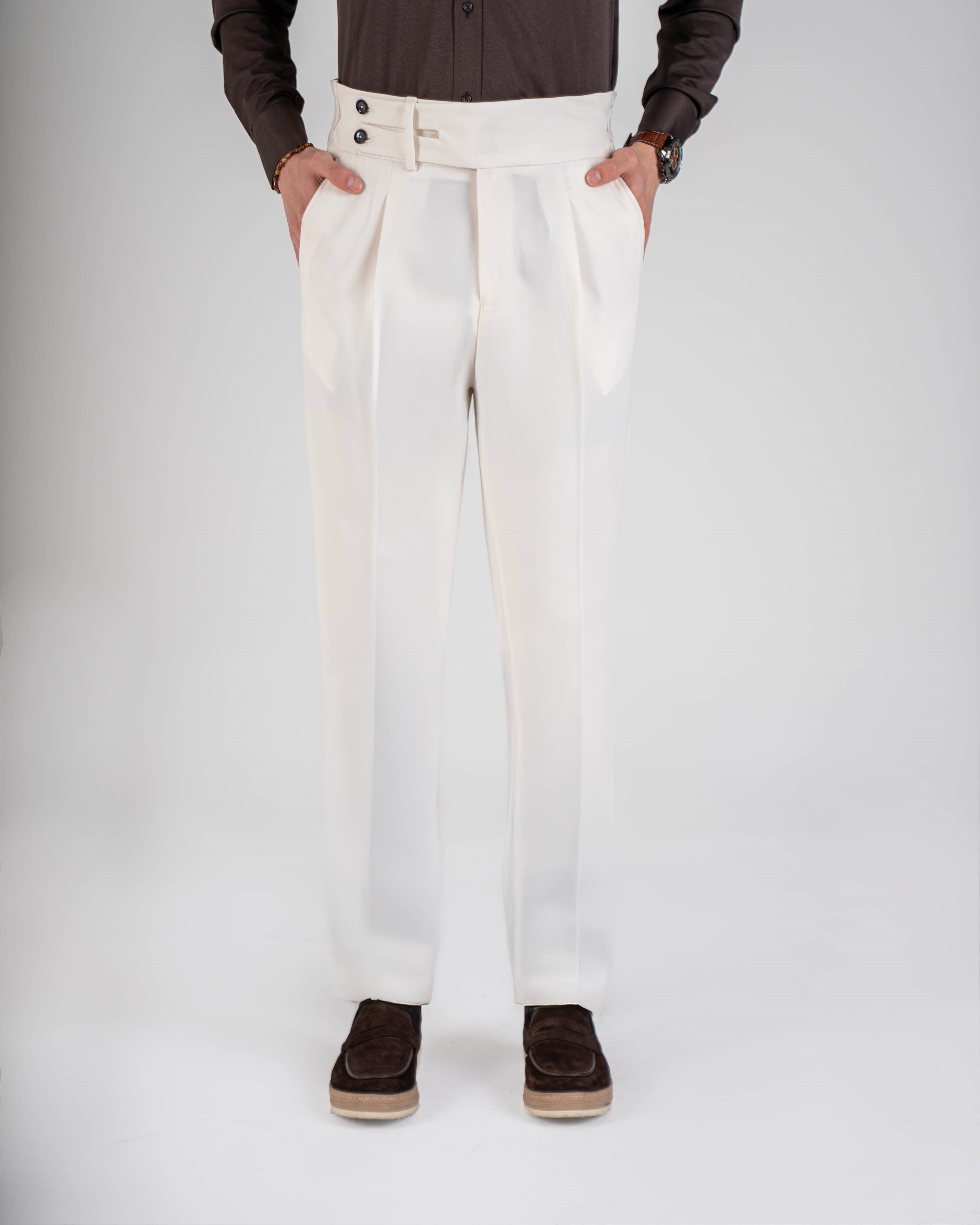 İtalyan stil slim fit erkek bel detaylı tokalı pantolon ekru T20037-05