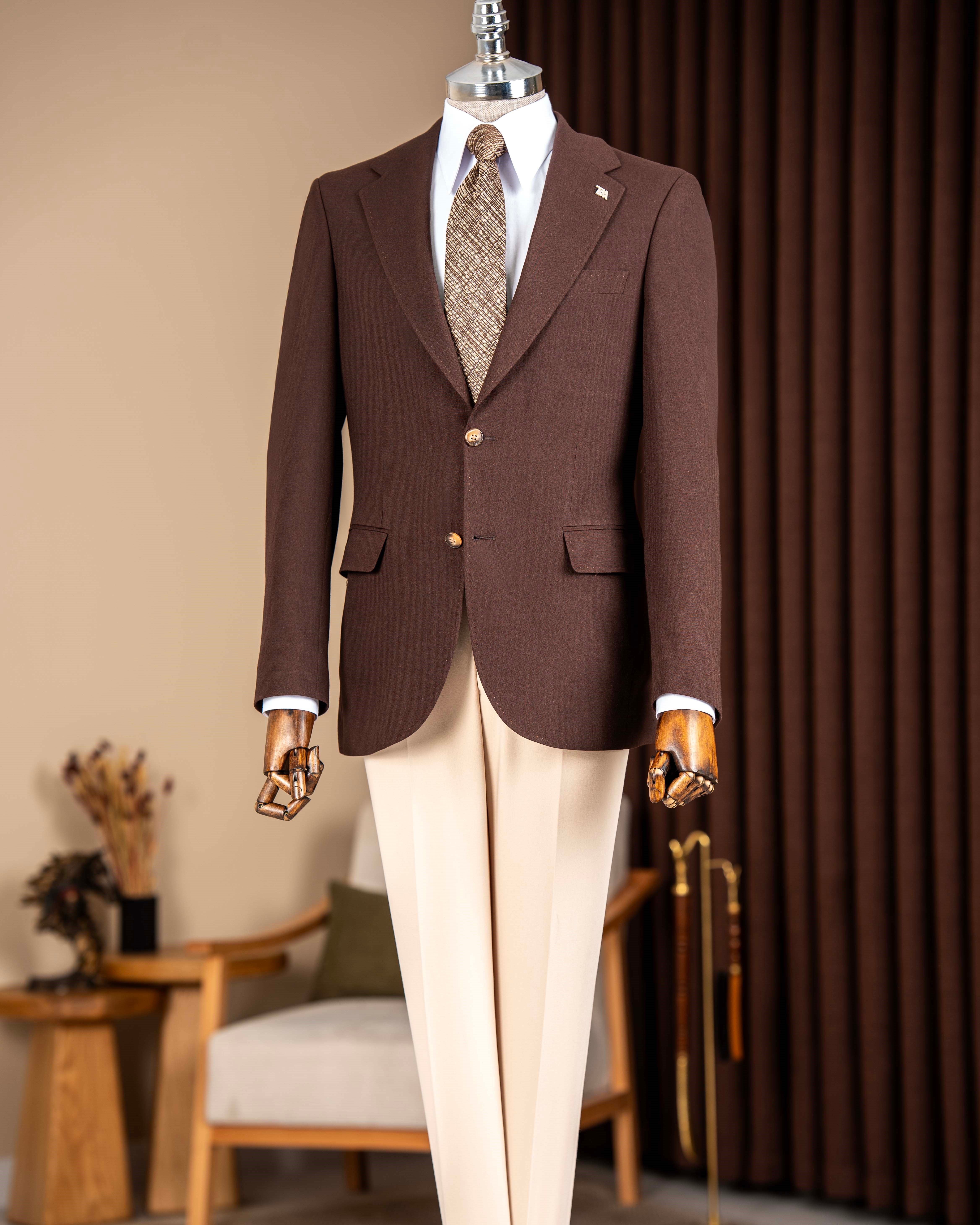 Slim fit erkek mono yaka blazer ceket kahverengi T20145-03