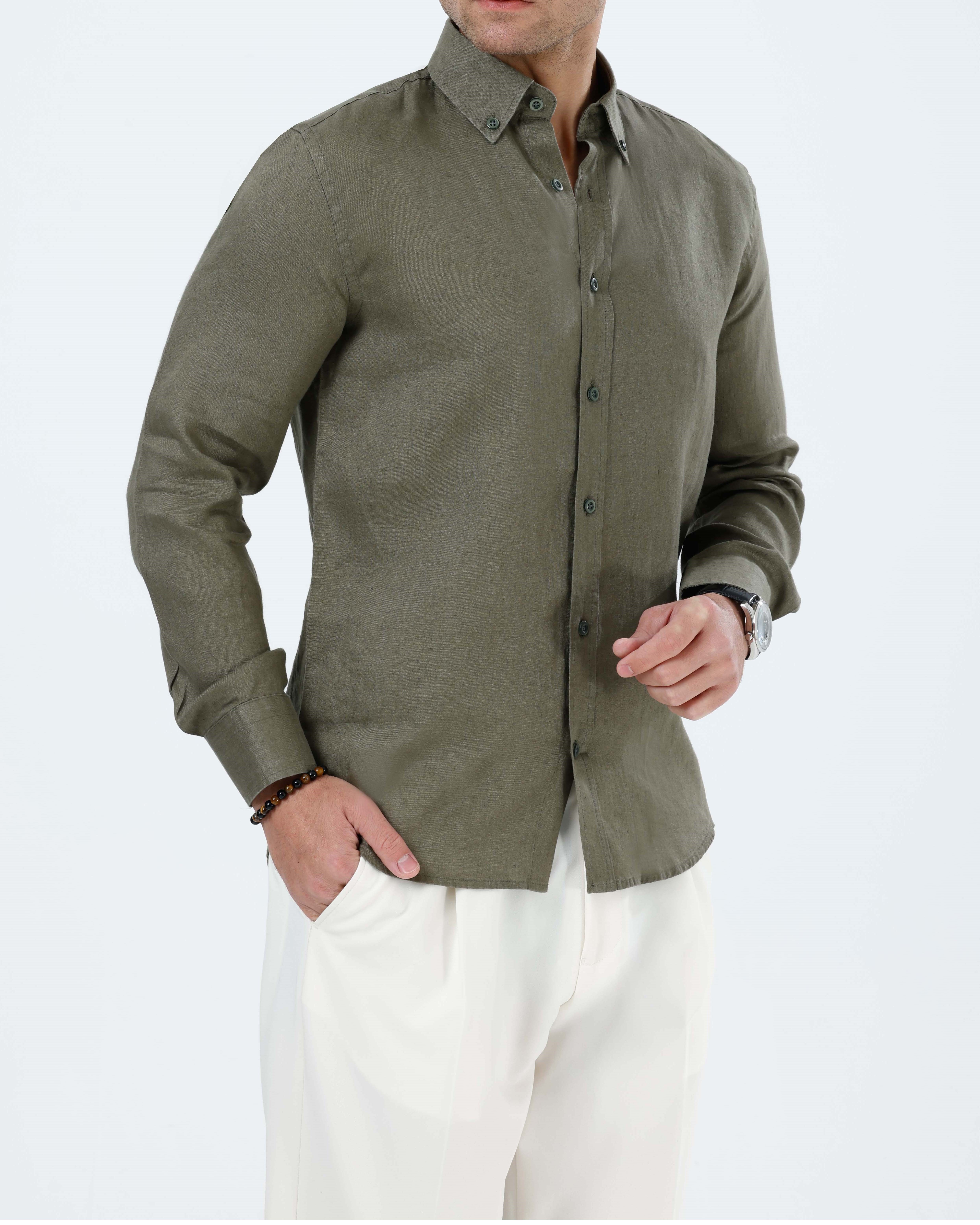 İtalyan stil slim fit erkek dik yaka keten gömlek haki T20057-06
