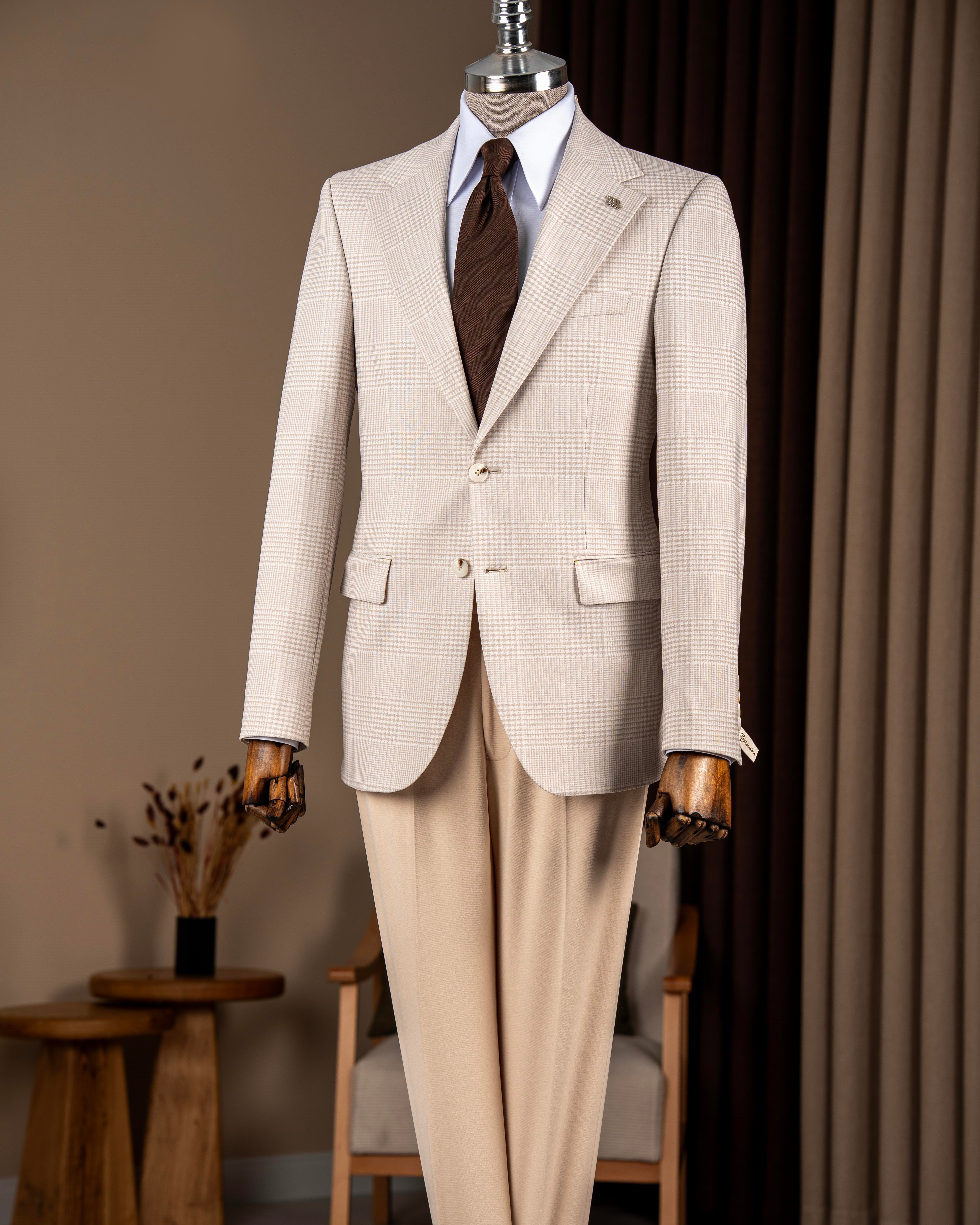Slim fit erkek mono yaka kazayağı desenli ceket bej T20133-09