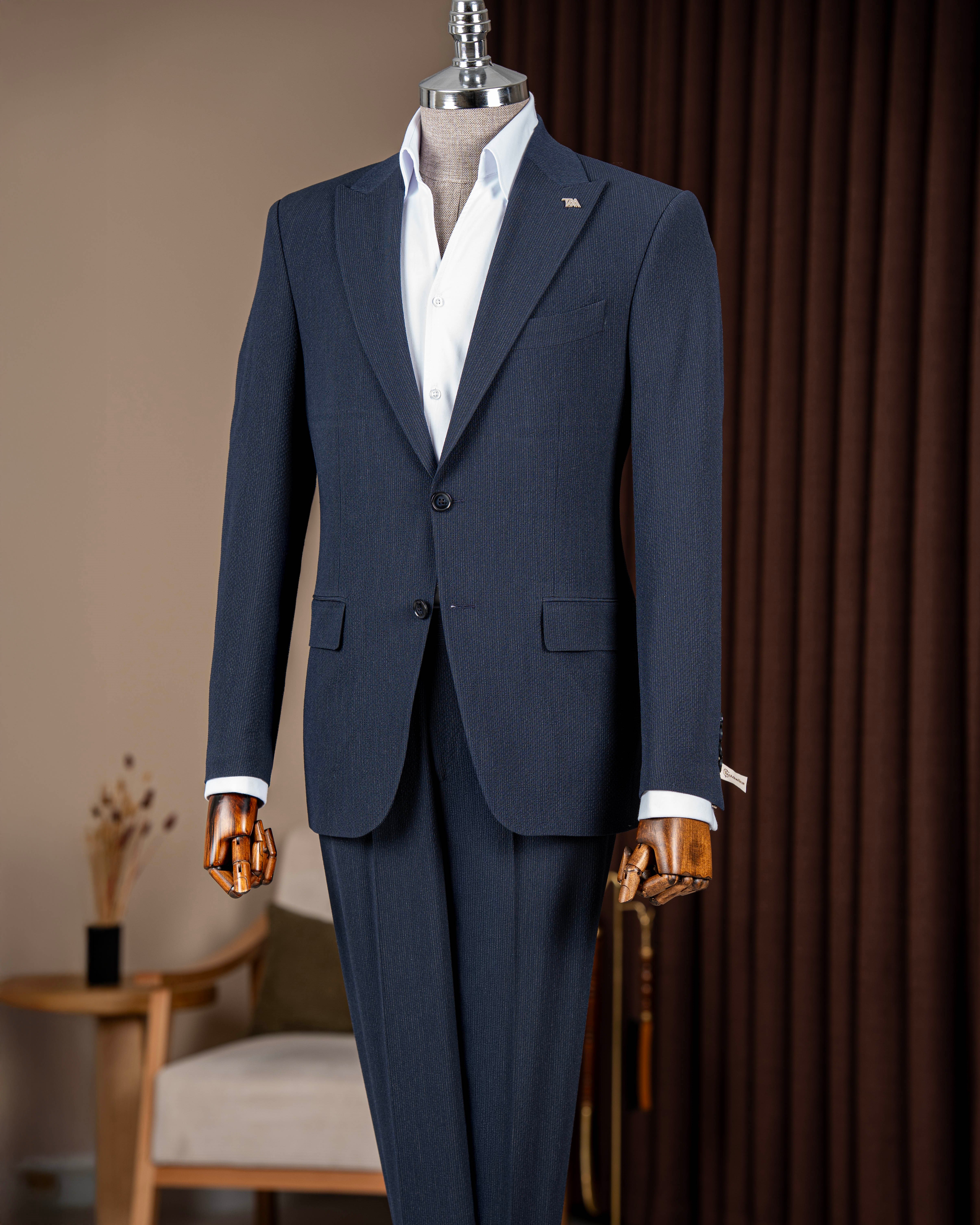 İtalyan stil slim fit erkek sivri yaka ceket pantolon takım elbise lacivert T20082-02