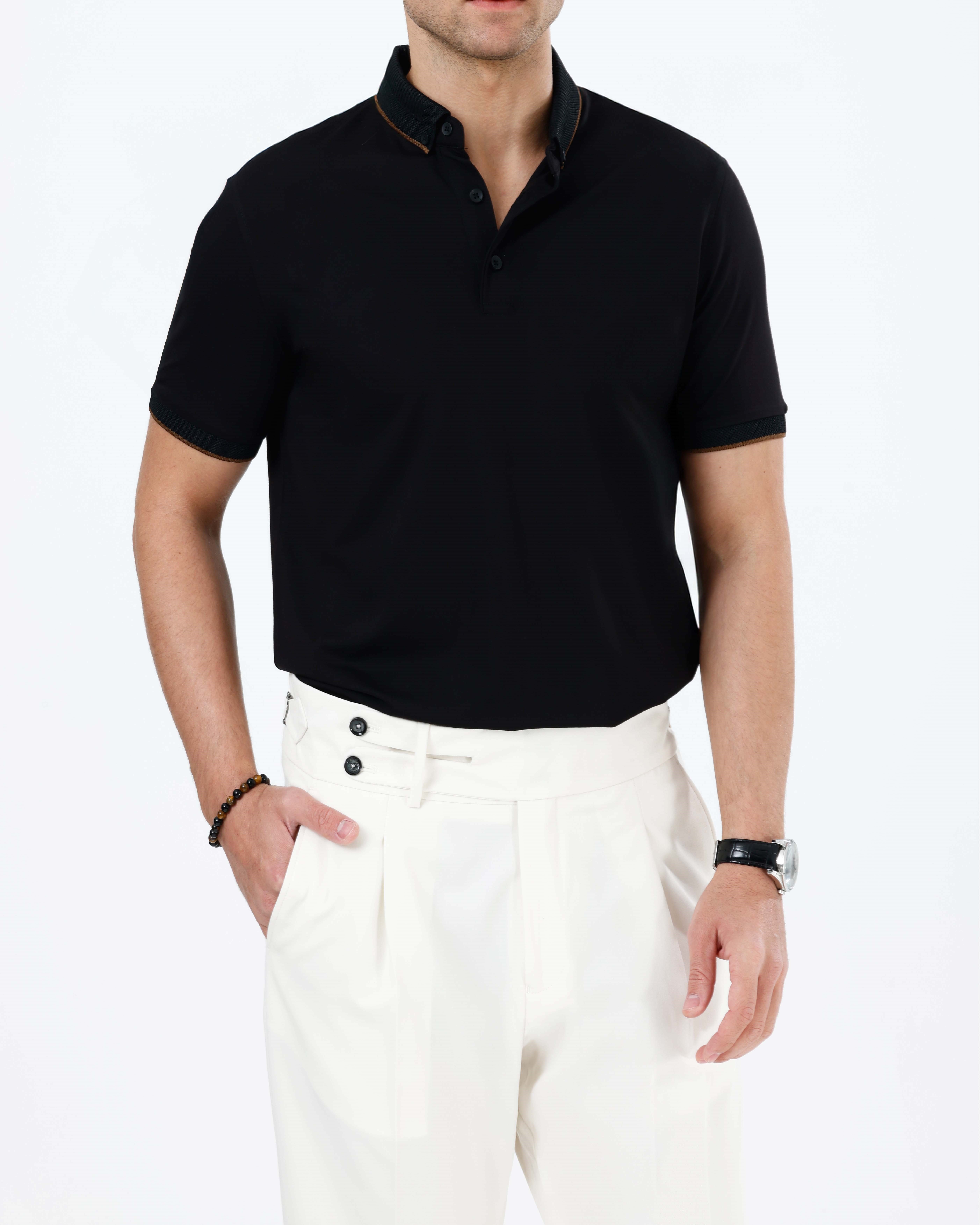 İtalyan stil slim fit erkek polo yaka kısa kollu triko tişört siyah T20042-01