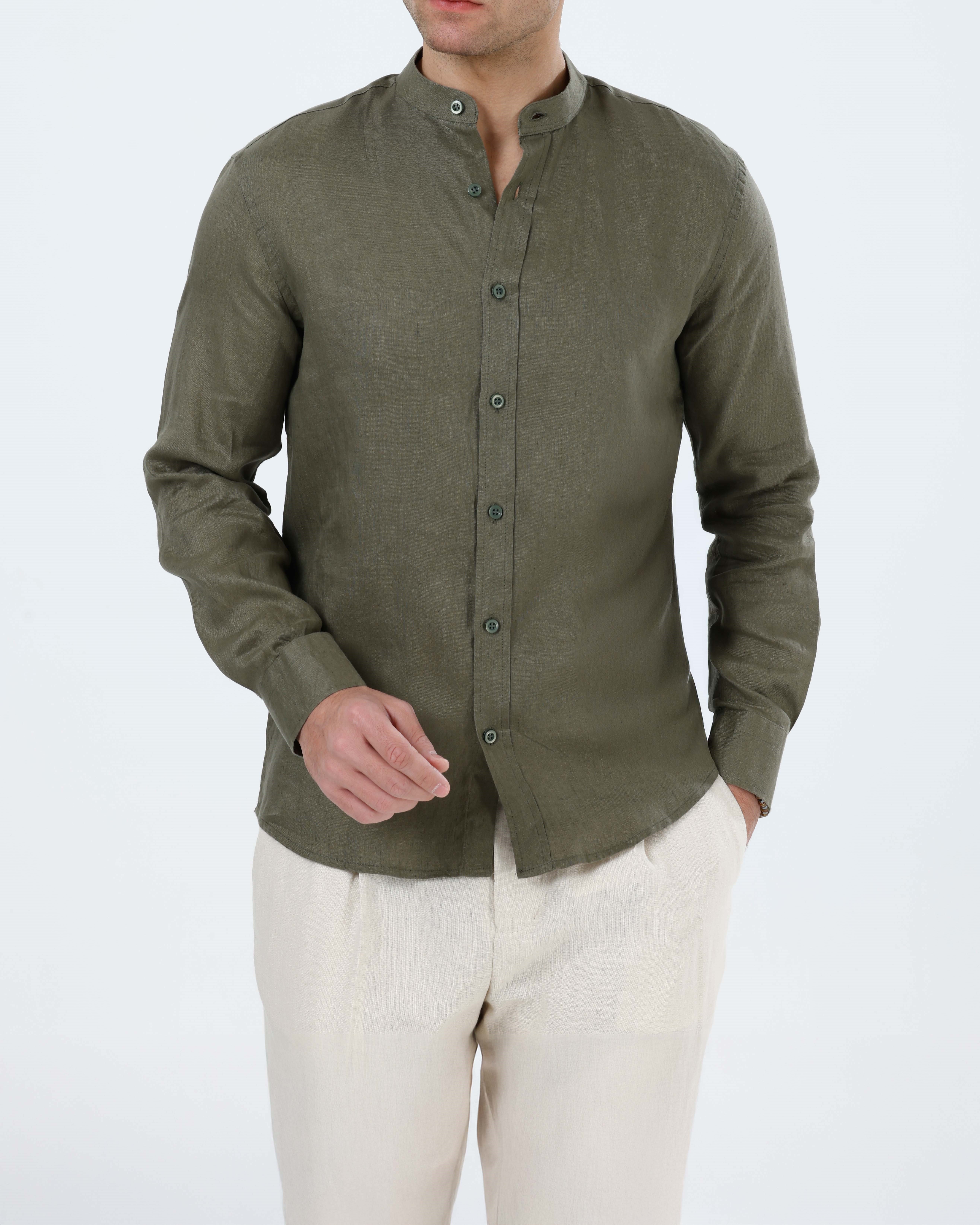 İtalyan stil slim fit erkek hakim yaka keten gömlek haki T20055-06