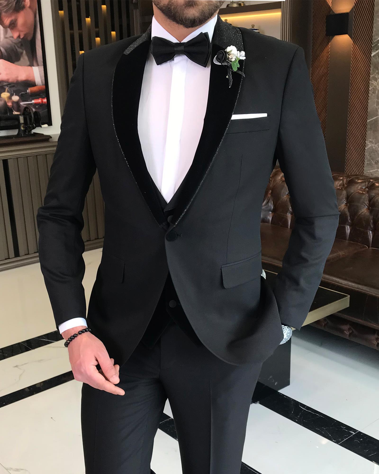 İtalyan kesim ceket yelek pantolon damatlık set Siyah T7529