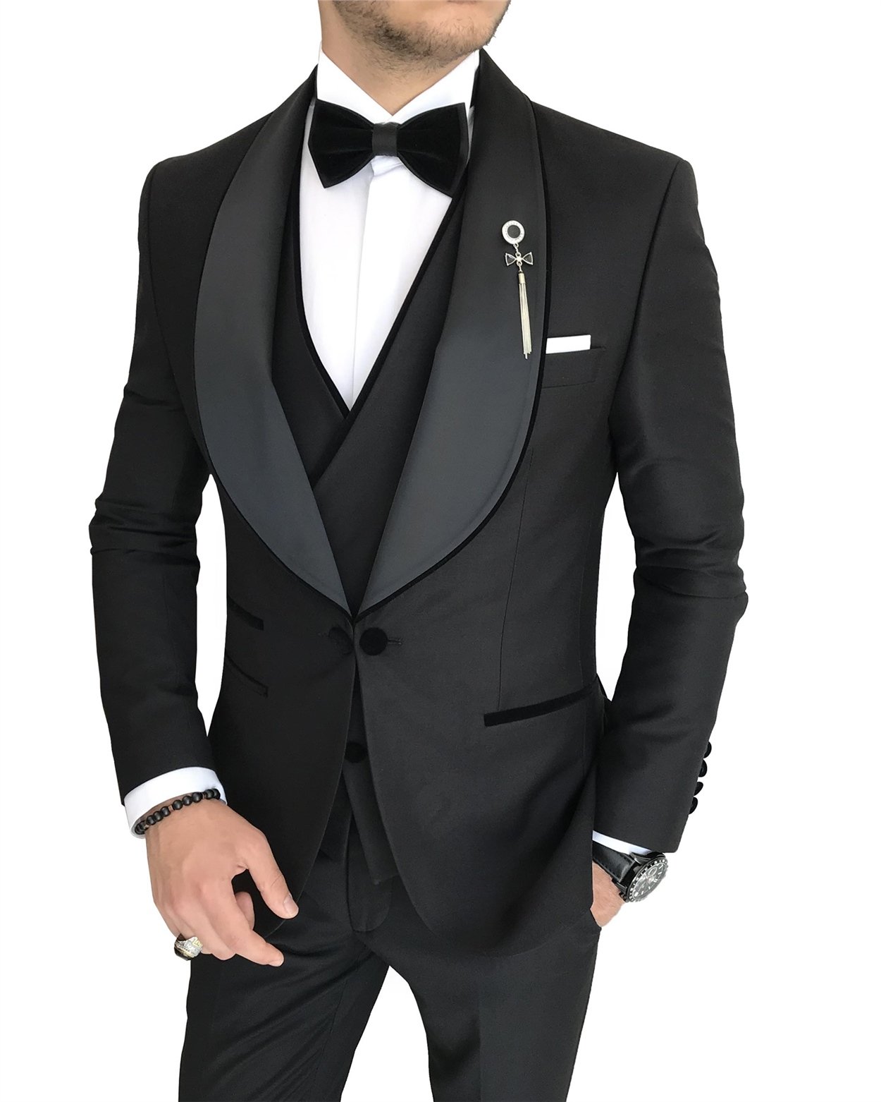 İtalyan kesim ceket yelek pantolon damatlık set Siyah T7565