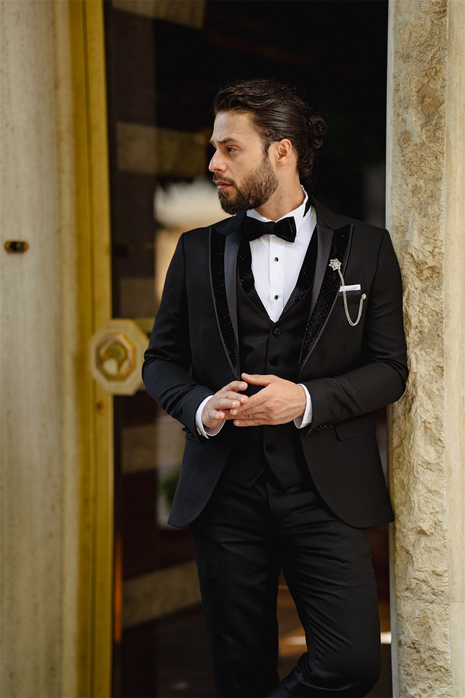 İtalyan kesim ceket yelek pantolon damatlık set Siyah T7817