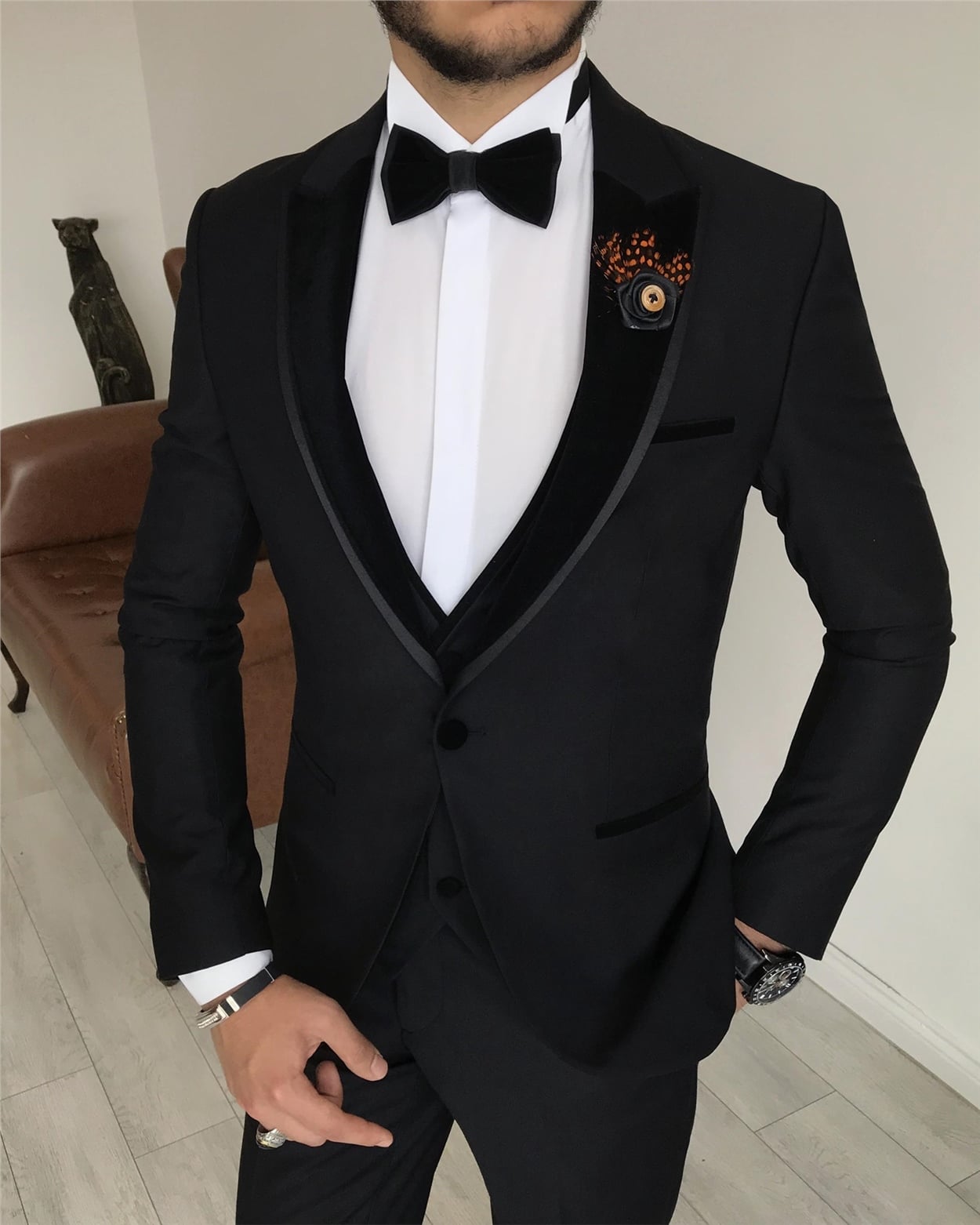 İtalyan kesim ceket yelek pantolon damatlık set Siyah T7880