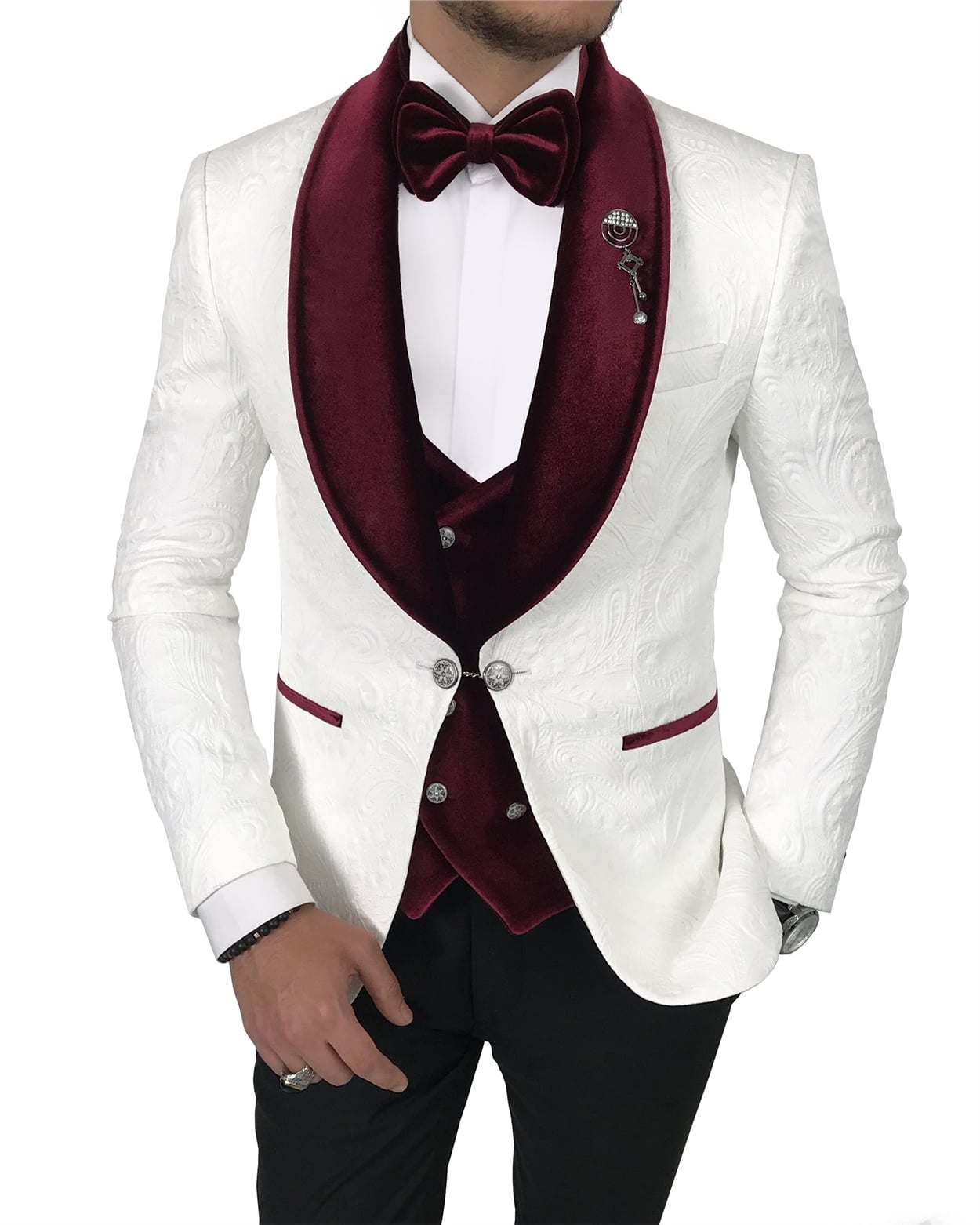 İtalyan kesim ceket yelek pantolon damatlık set Beyaz T7851