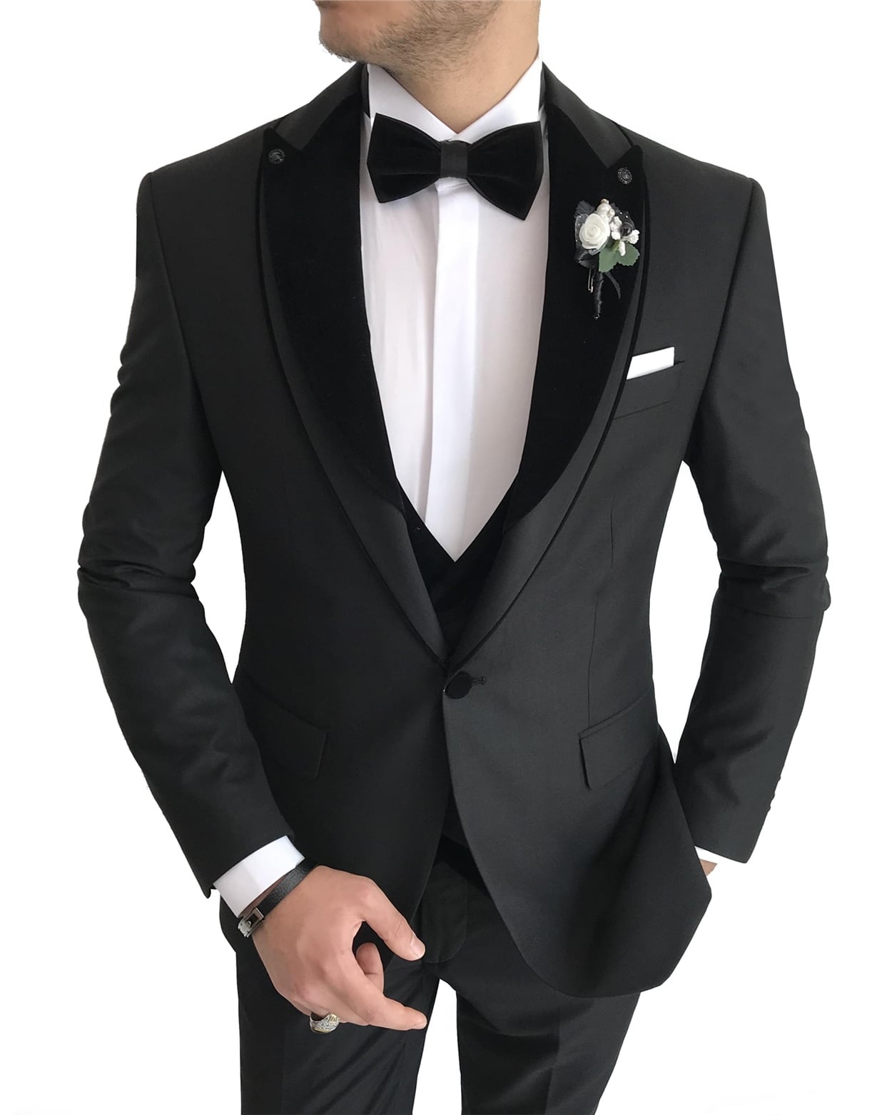 İtalyan kesim ceket yelek pantolon damatlık set Siyah T7639