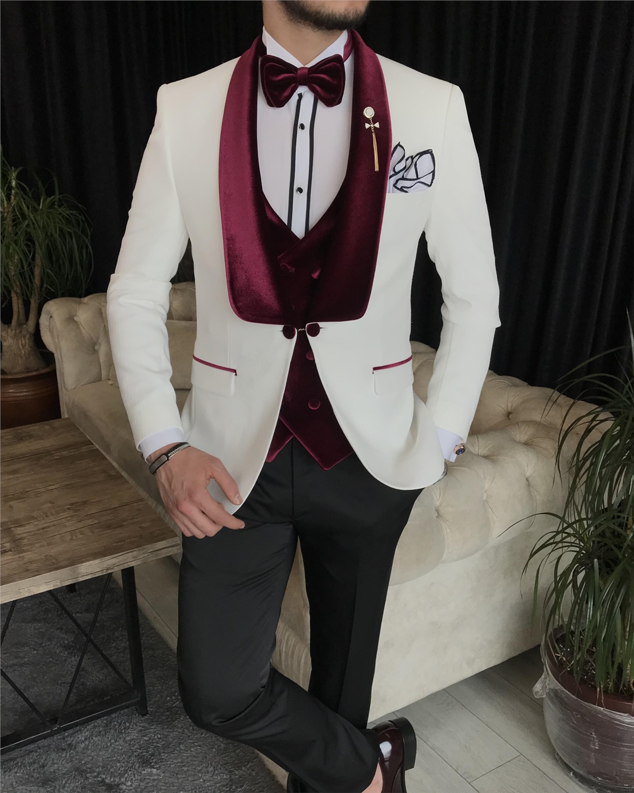 İtalyan kesim ceket yelek pantolon damatlık set Beyaz T7318
