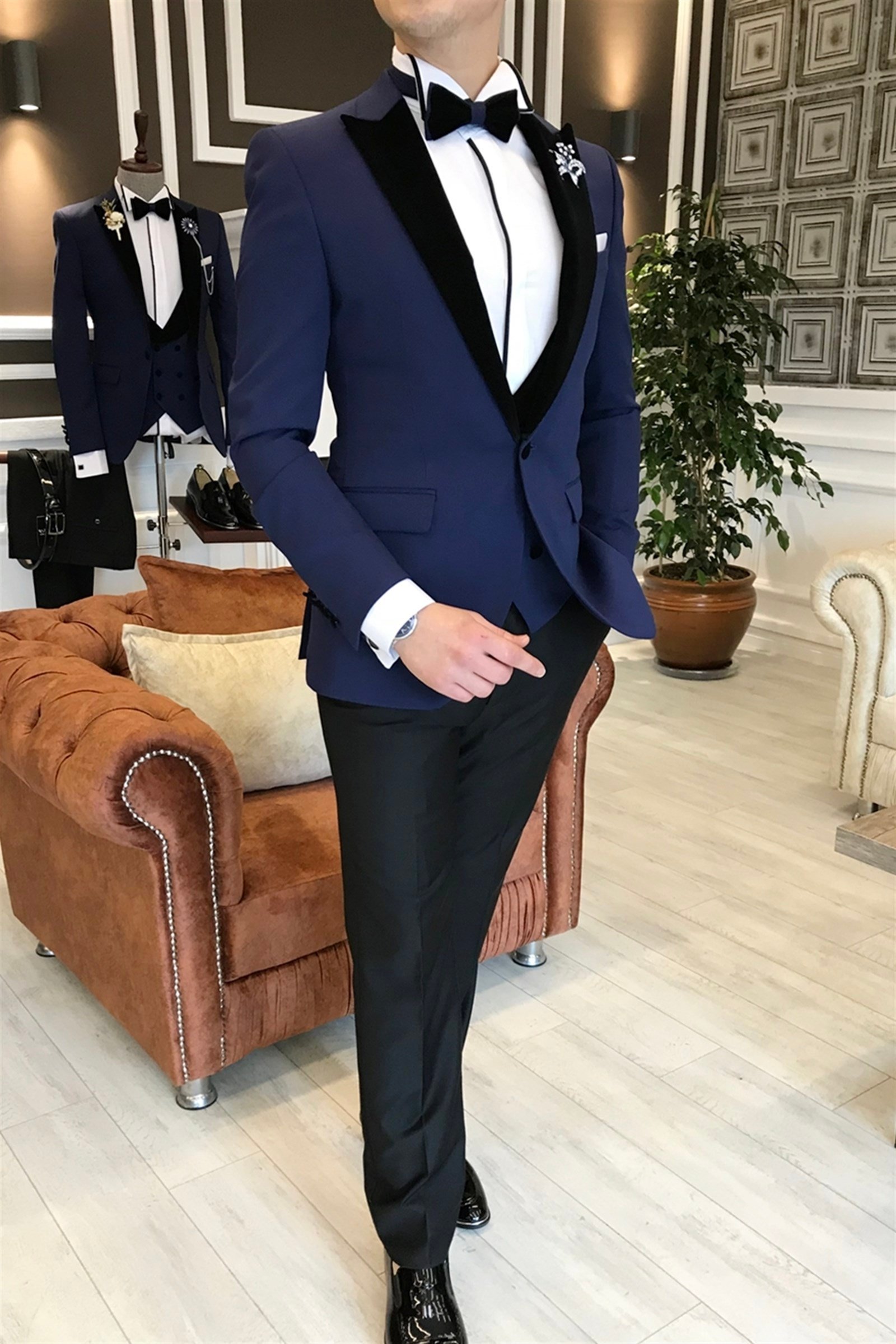 İtalyan kesim ceket yelek pantolon lacivert damatlık set T3479