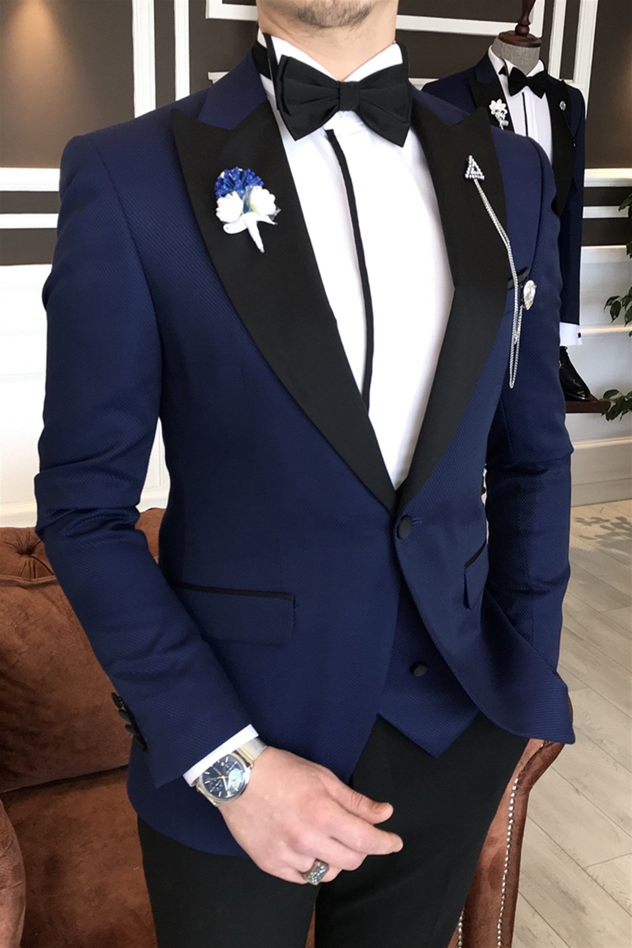 İtalyan kesim ceket yelek pantolon lacivert armürlü damatlık set T3460