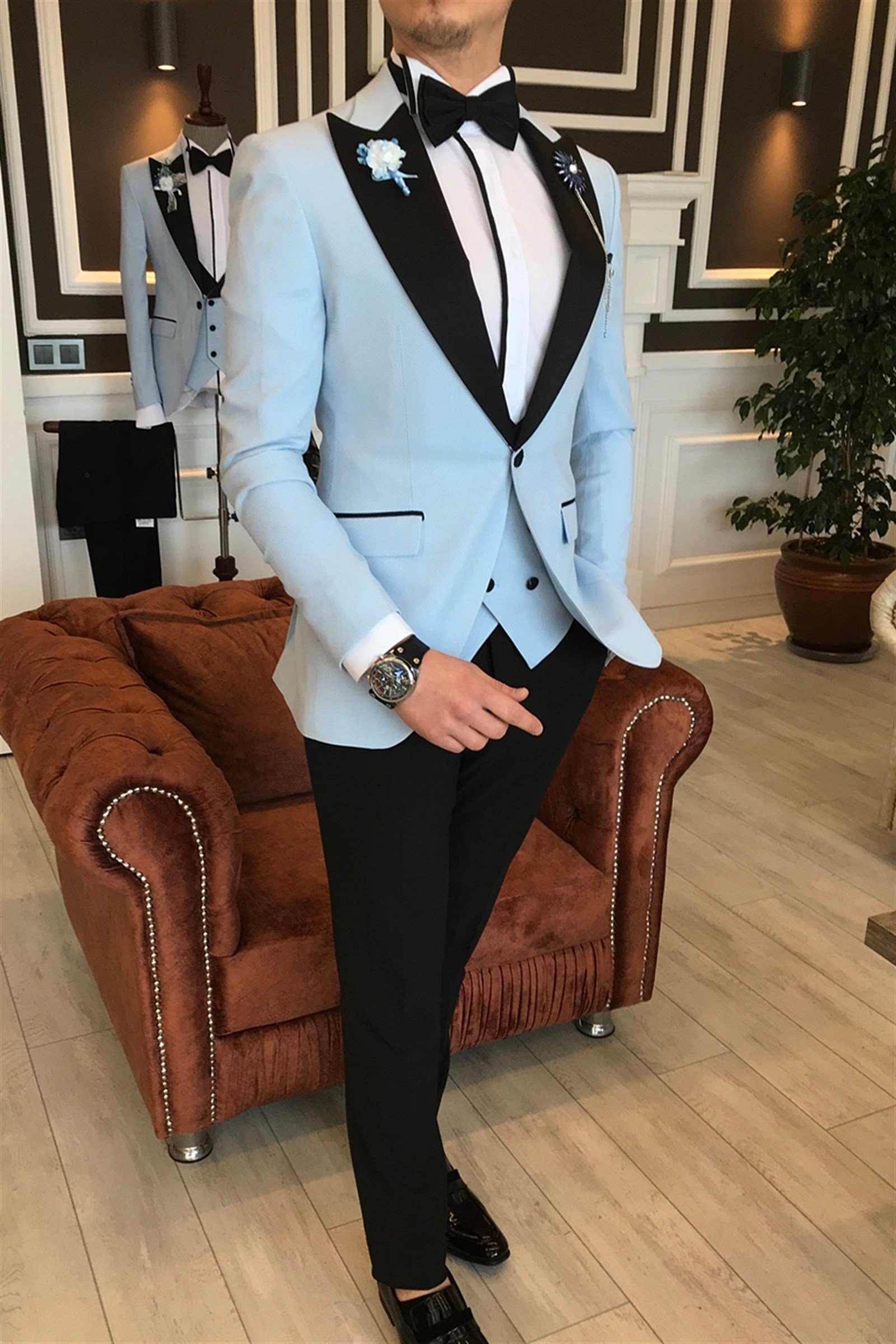 İtalyan kesim ceket yelek pantolon mavi armürlü damatlık T3461