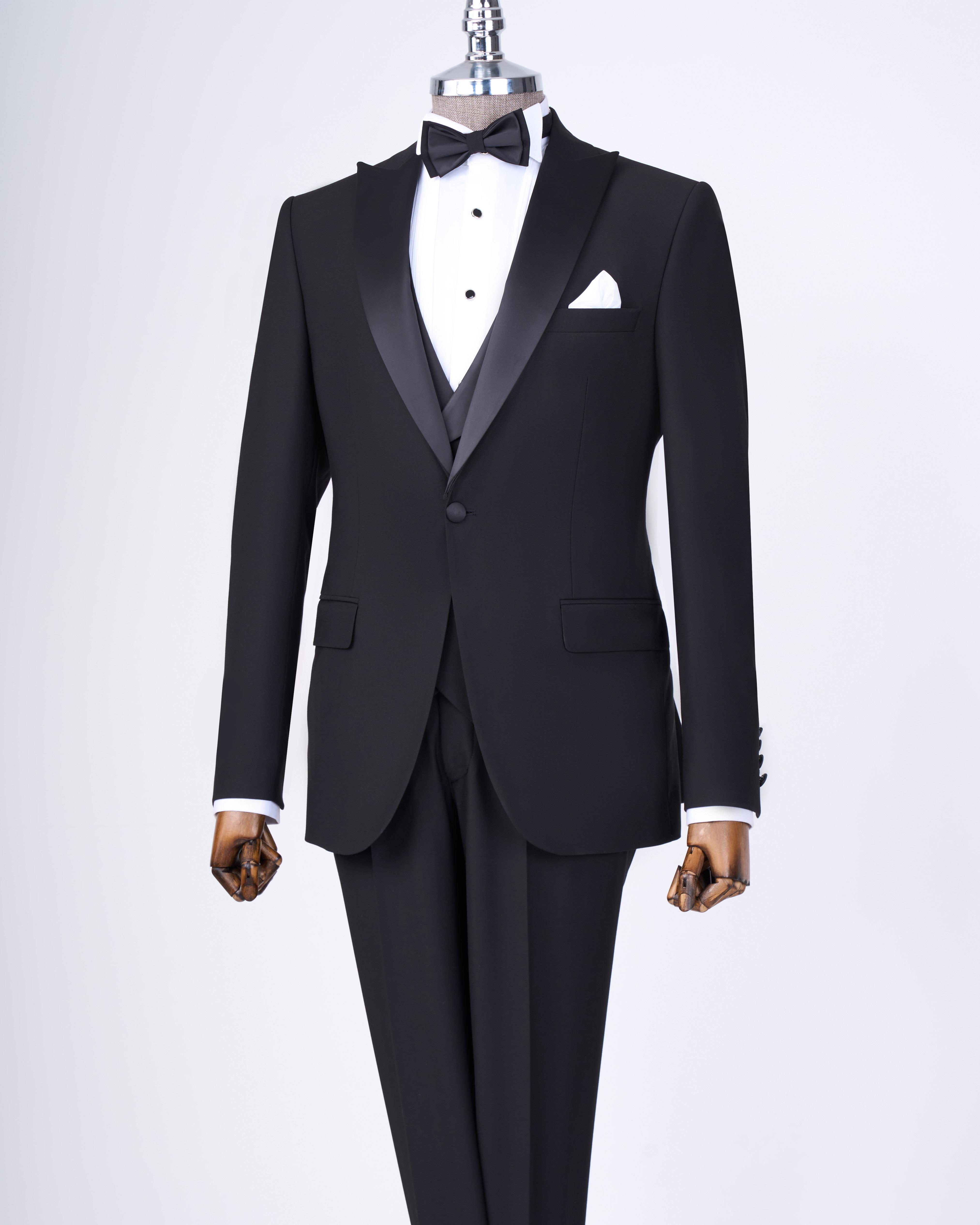 İtalyan kesim ceket yelek pantolon siyah armürlü damatlık T3458