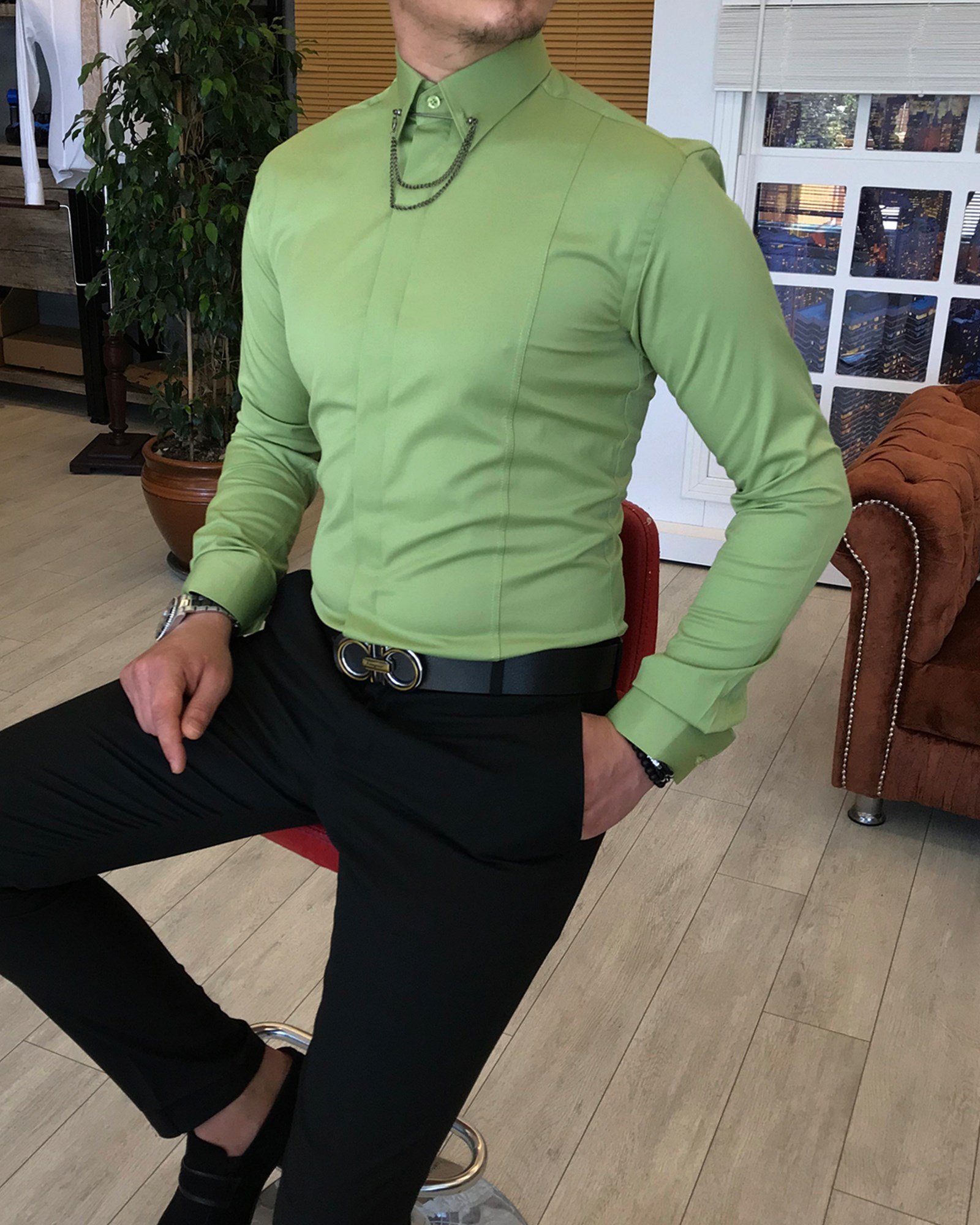 İTALYAN KESİM  ERKEK  SATEN AÇIK YEŞİL ZİNCİRLİ GÖMLEK T4093