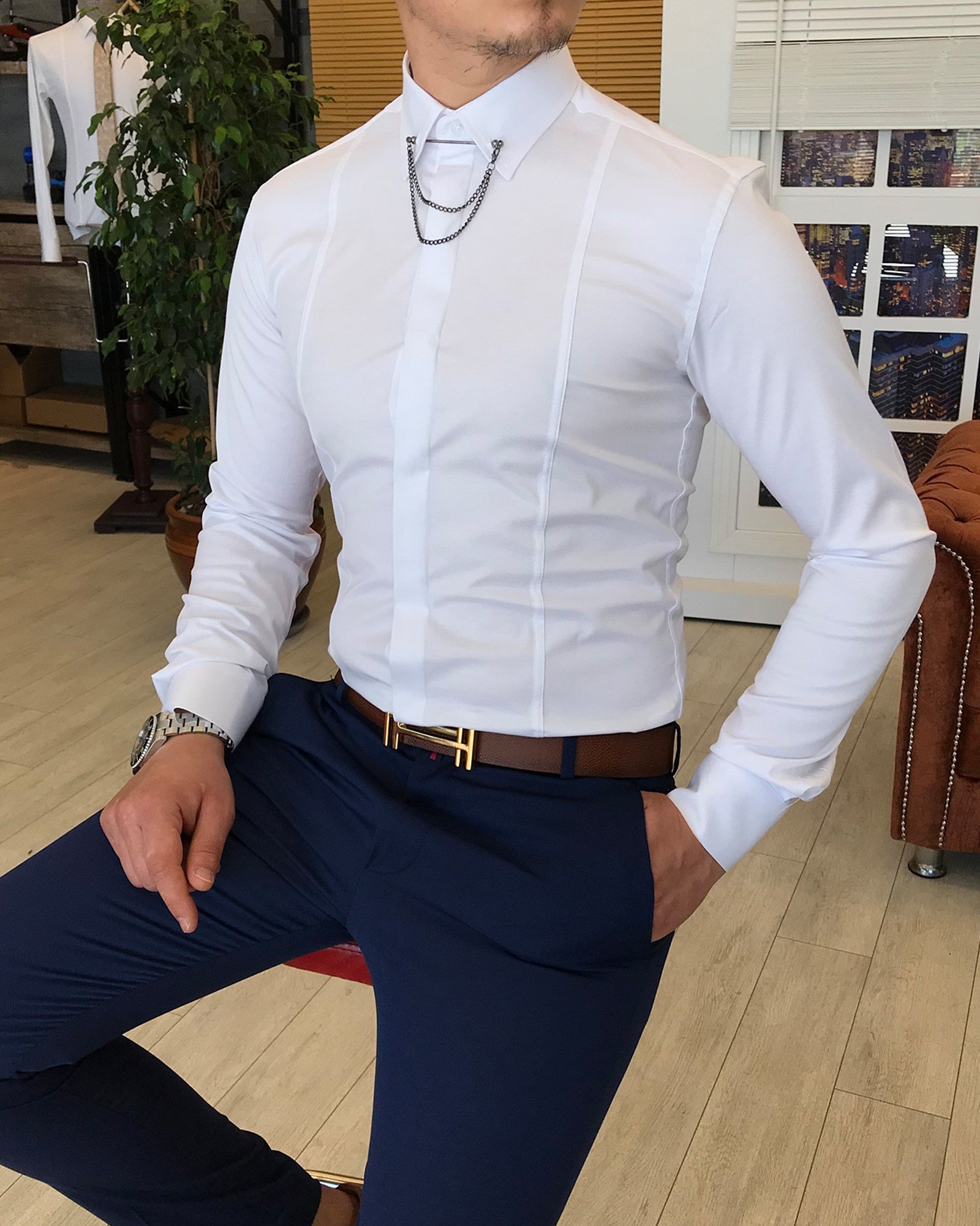 İTALYAN KESİM slim ERKEK  SATEN BEYAZ ZİNCİRLİ GÖMLEK T4091