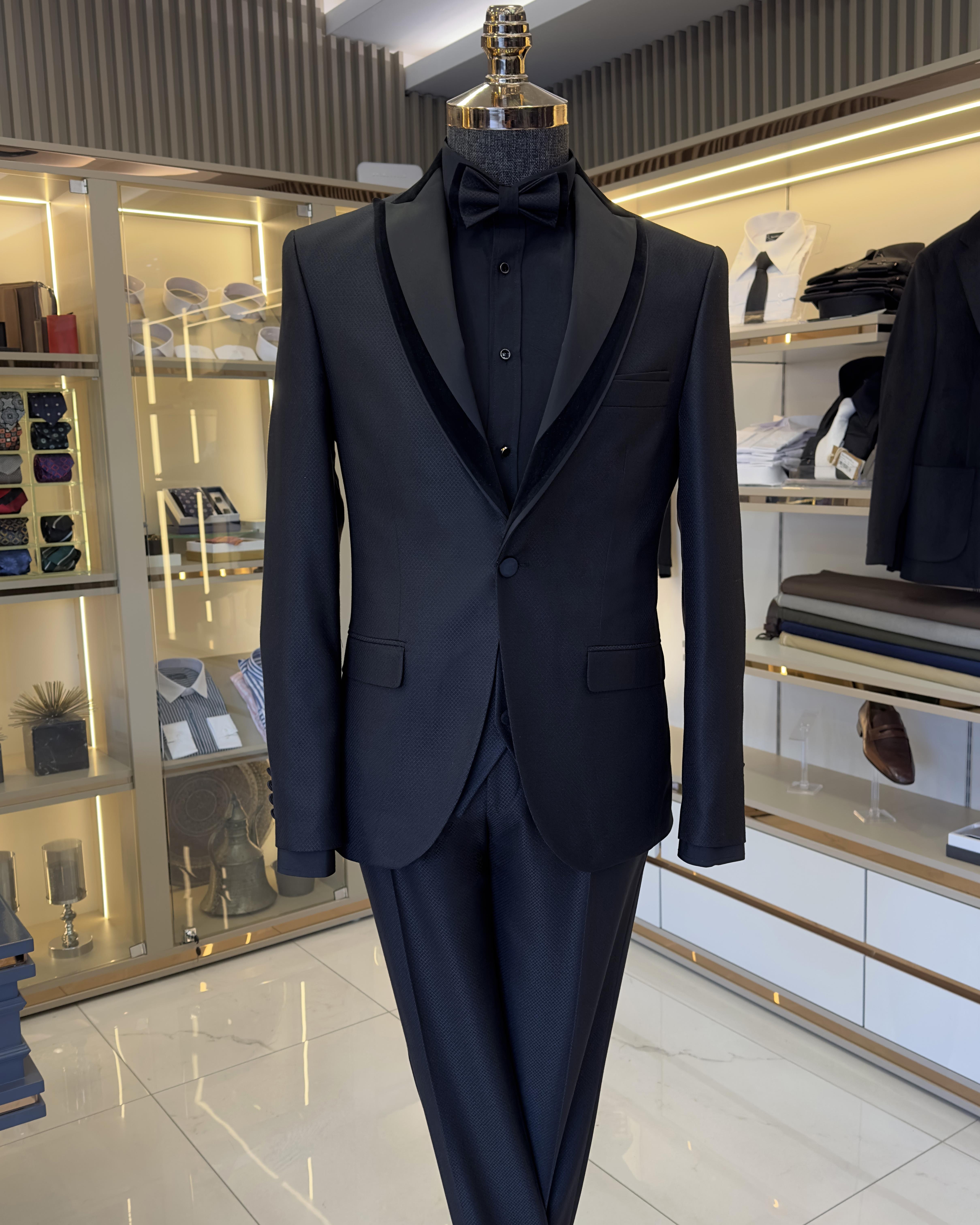 İtalyan kesim slim fit armürlü ceket yelek pantolon damatlık set Siyah T10000