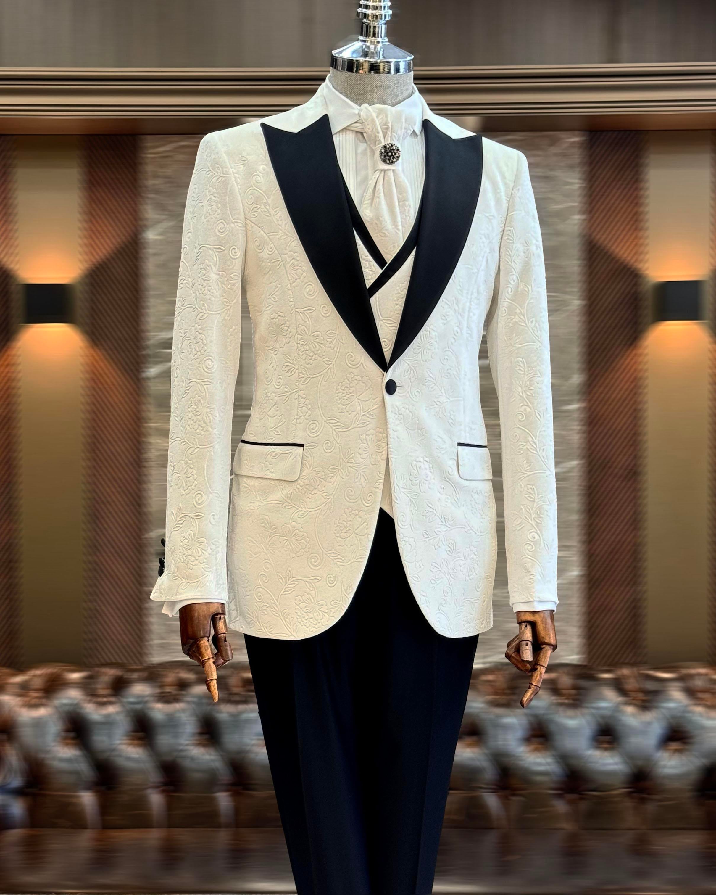 İtalyan kesim slim fit ceket yelek pantolon damatlık set beyaz T12521