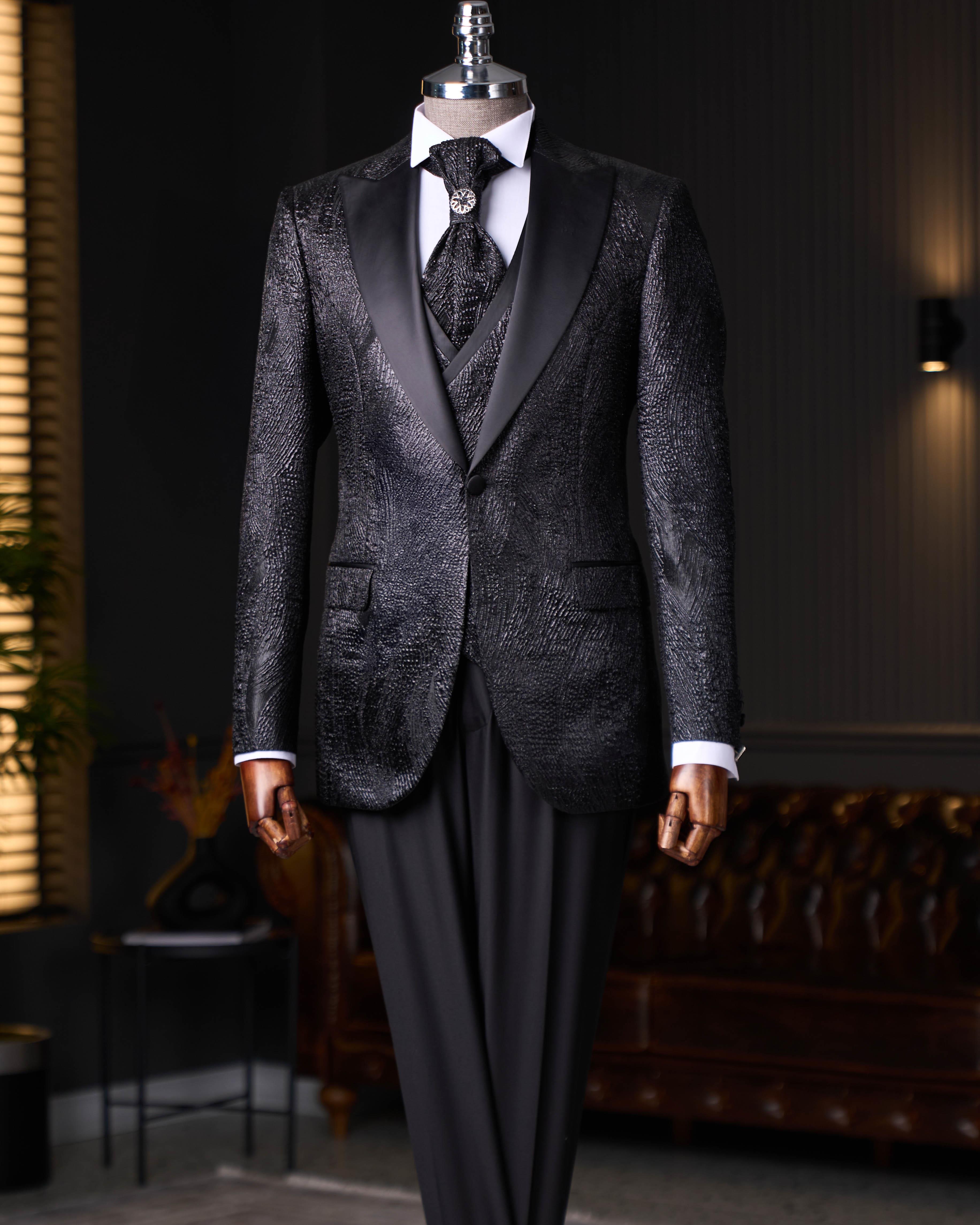 İtalyan kesim slim fit ceket yelek pantolon damatlık set siyah T12522