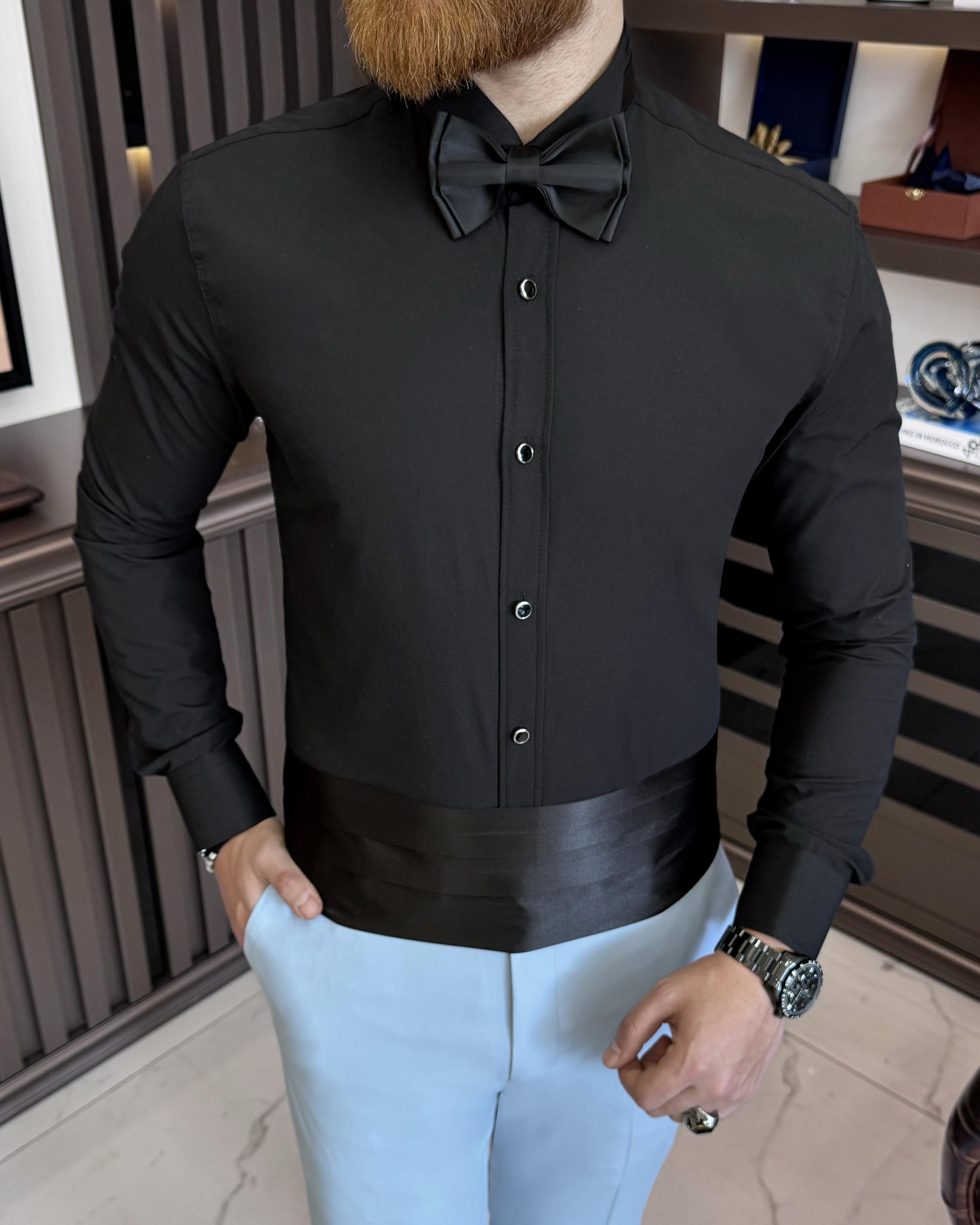 İtalyan kesim slim fit damatlık ata yaka erkek gömlek Siyah T7526