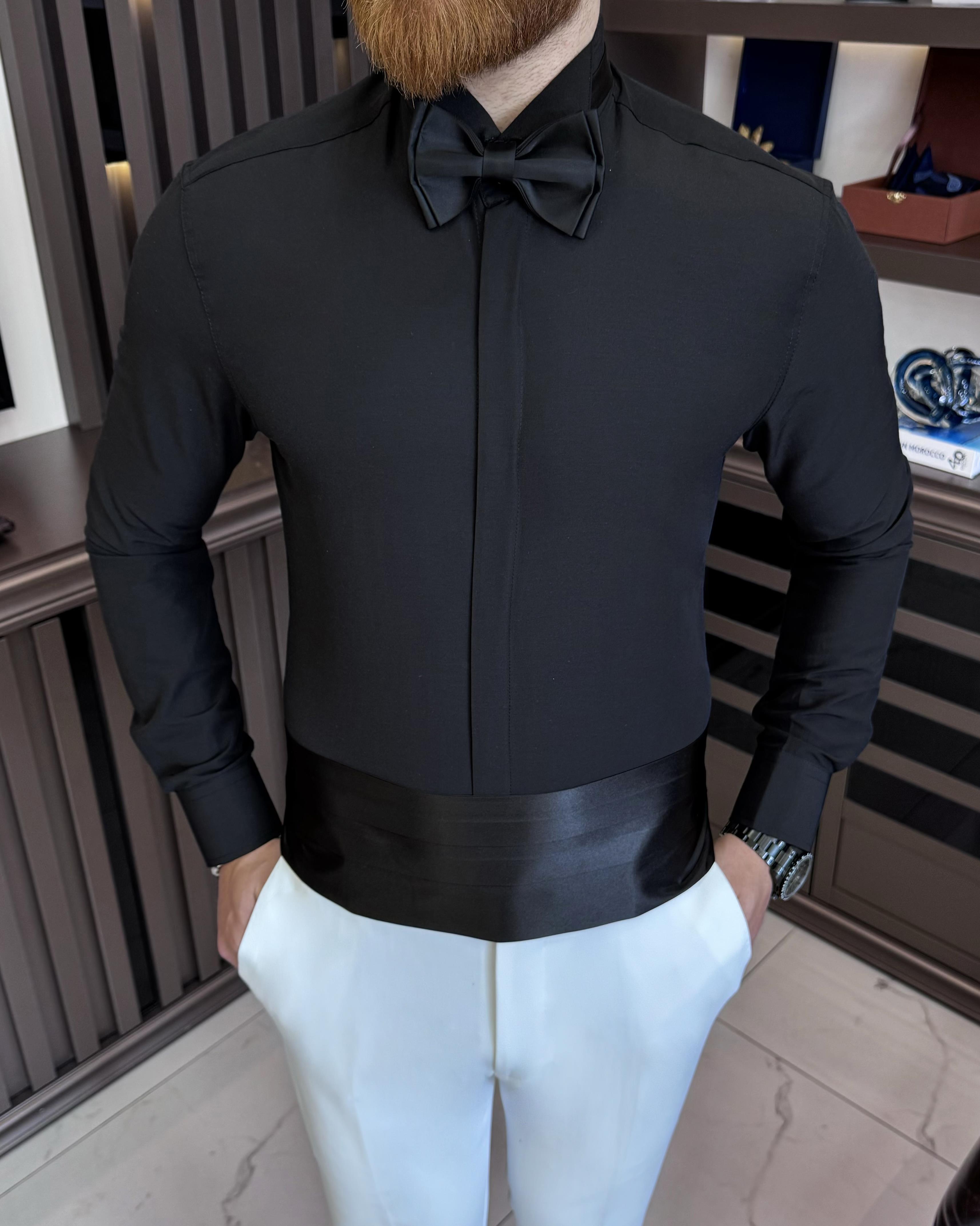 İtalyan kesim slim fit damatlık ata yaka erkek gömlek Siyah T7525