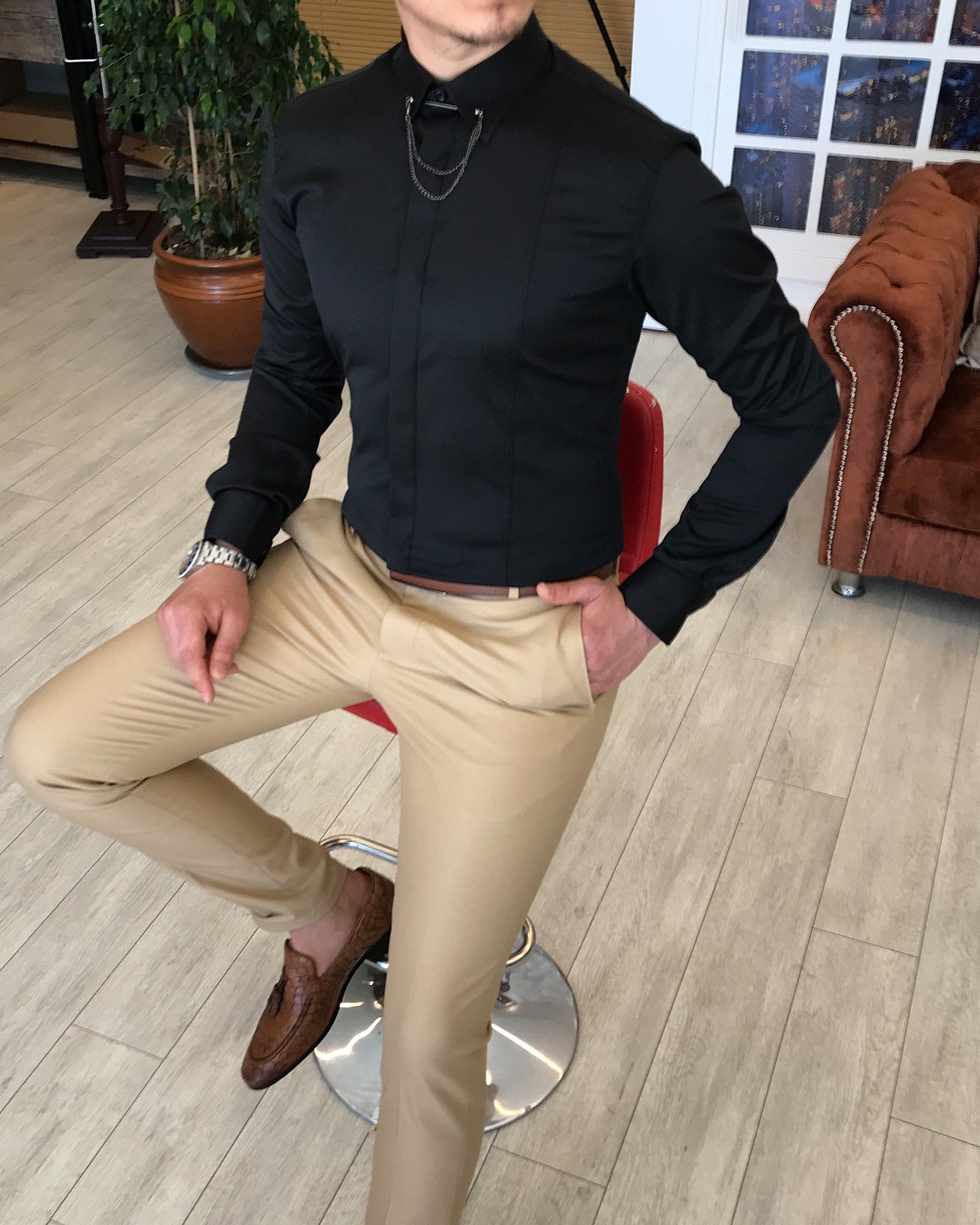 İtalyan kesim slim fit erkek  saten siyah zincirli gömlek T4090