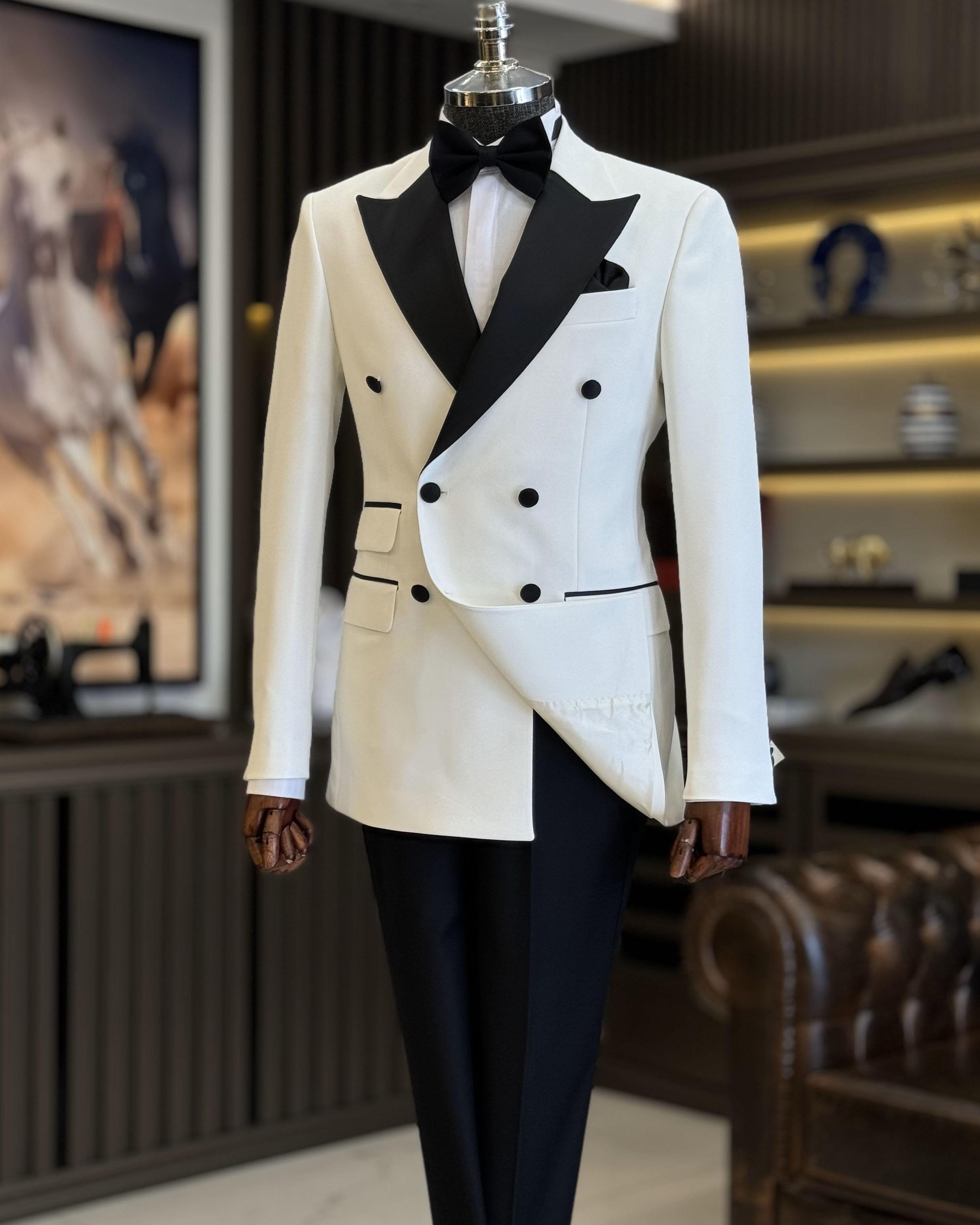 İtalyan kesim slim fit kruvaze ceket pantolon damatlık set ekru T12219