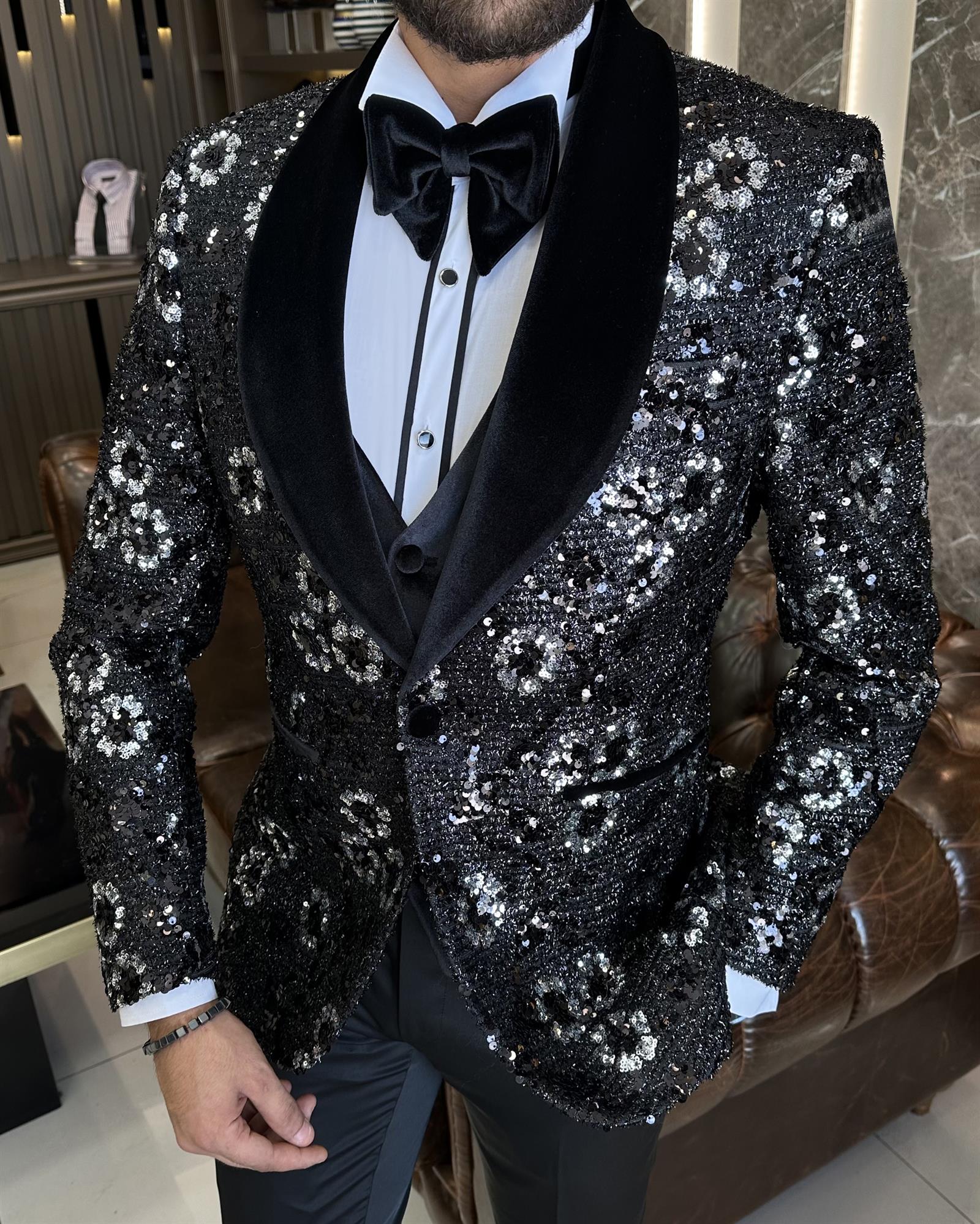 İtalyan kesim slim fit şal yaka ceket yelek pantolon damatlık set siyah T10228