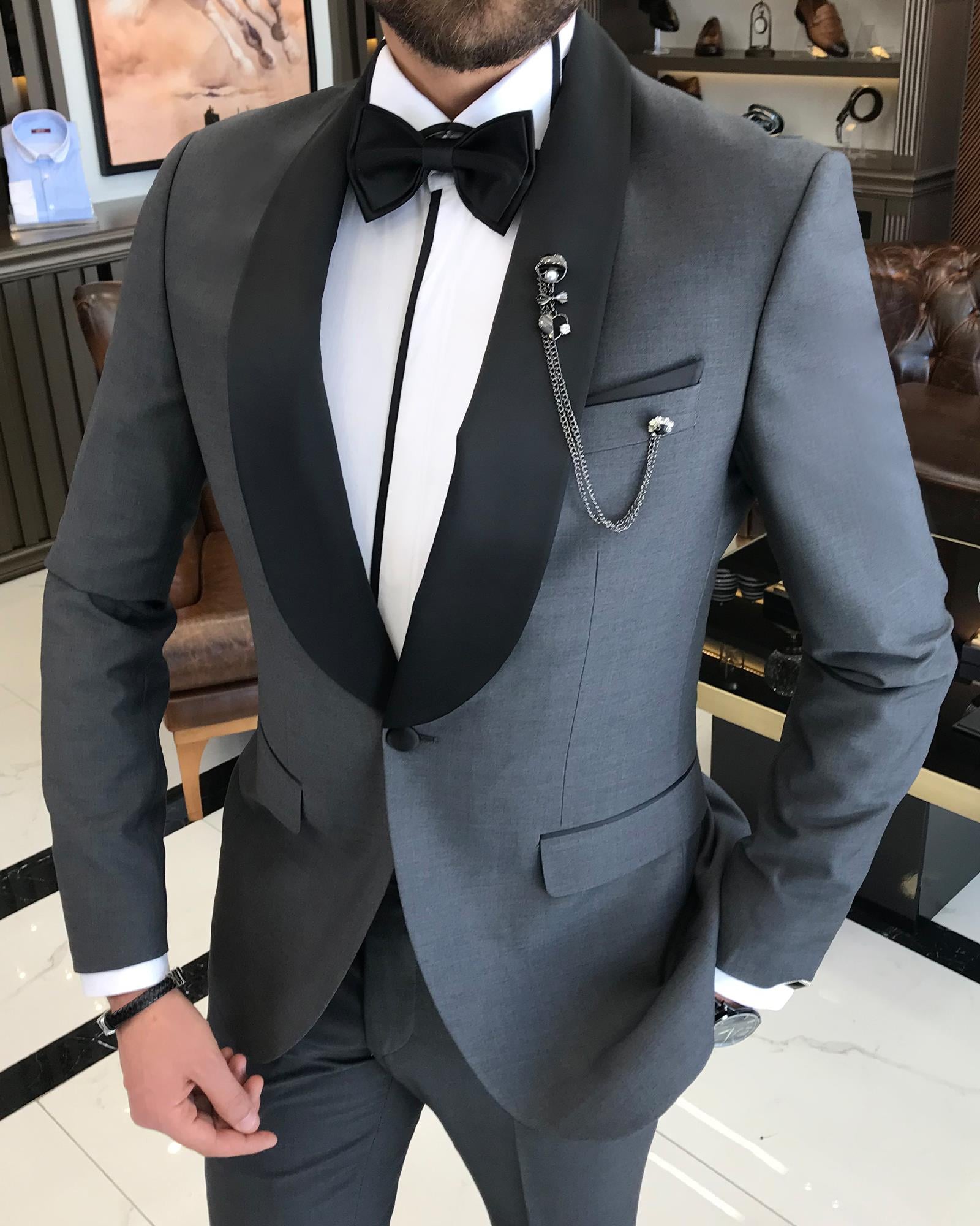 İtalyan kesim slim fit şal yaka ceket pantolon damatlık set antrasit T9180