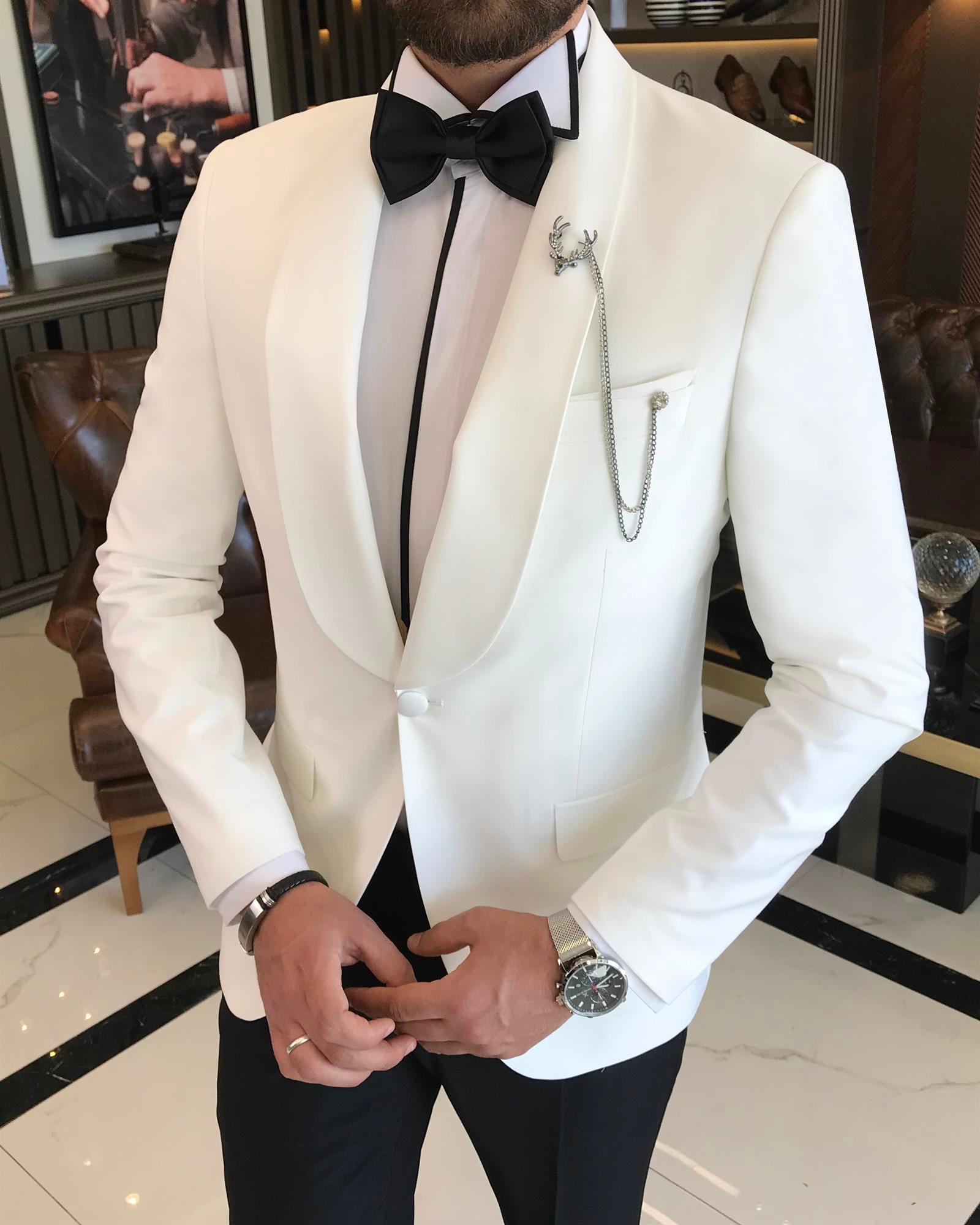 İtalyan kesim slim fit şal yaka ceket pantolon damatlık set beyaz T9570